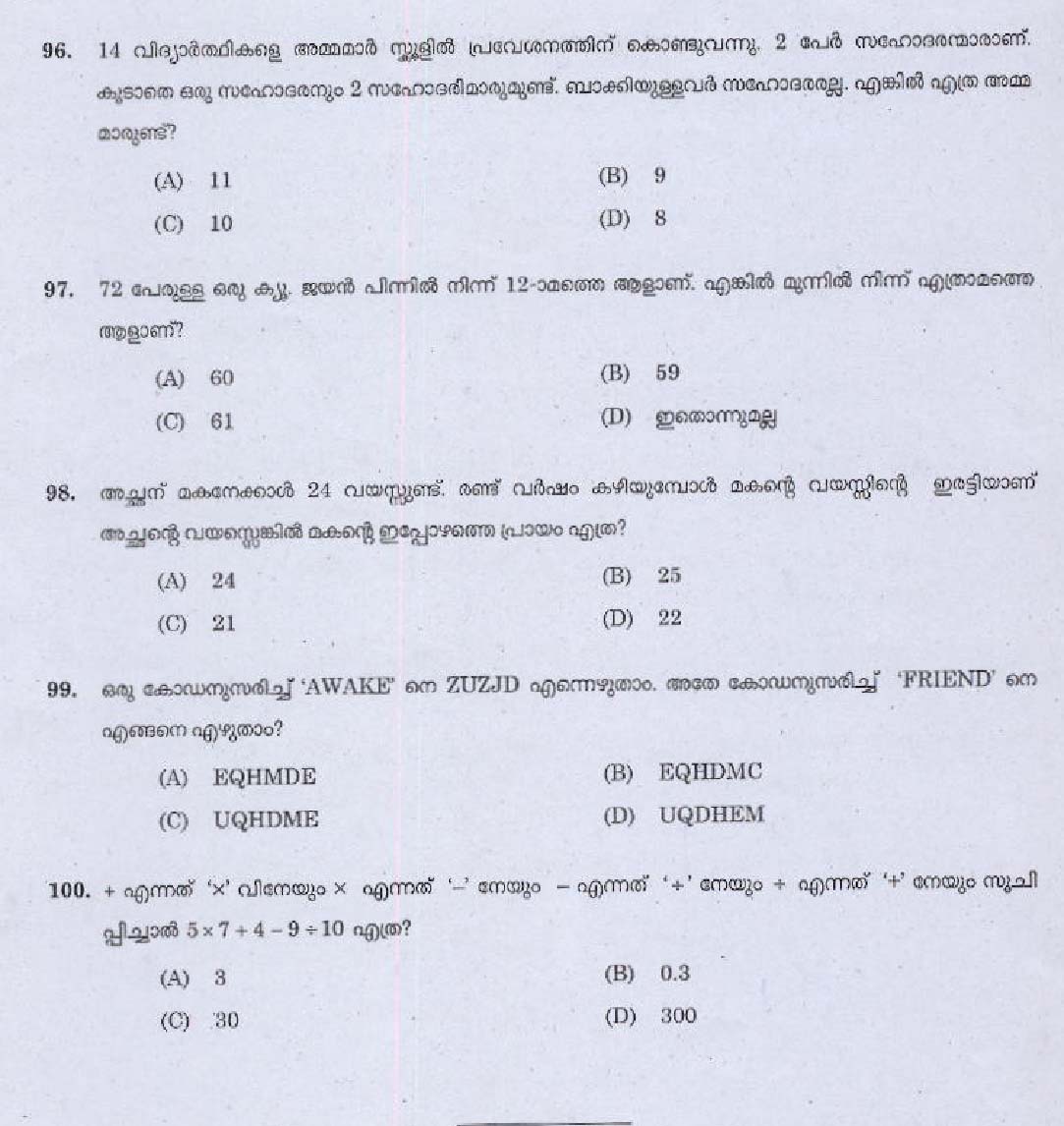 Kerala PSC Women Police Constable Exam Question Code 1792015 M 12