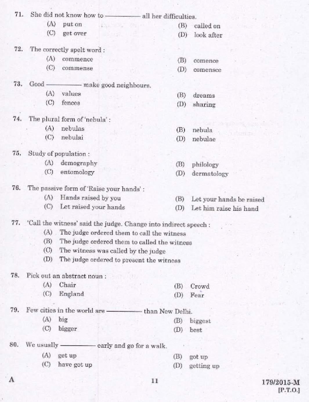 Kerala PSC Women Police Constable Exam Question Code 1792015 M 9