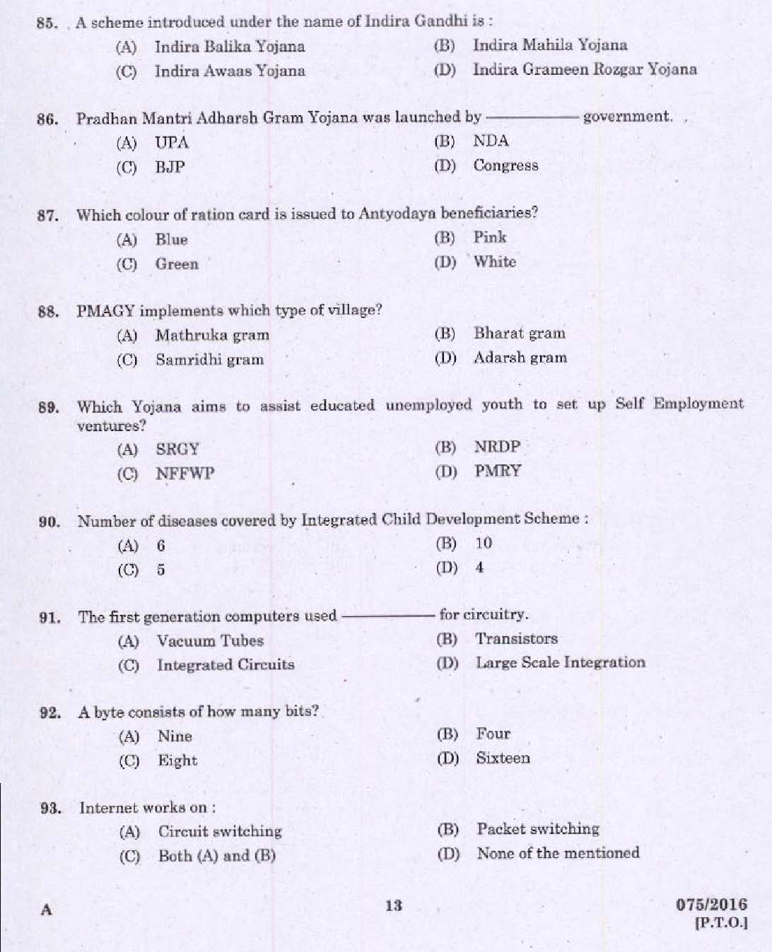 Kerala PSC Sub Inspector of Police Exam Question Code 0752016 11