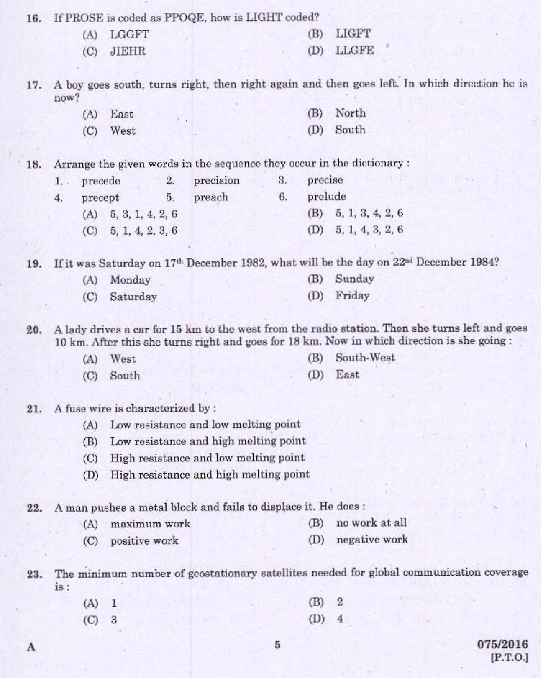 Kerala PSC Sub Inspector of Police Exam Question Code 0752016 3