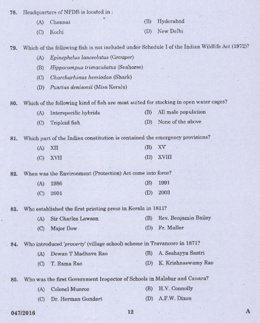 KPSC Research Assistant Zoology Exam Question 0472016 10
