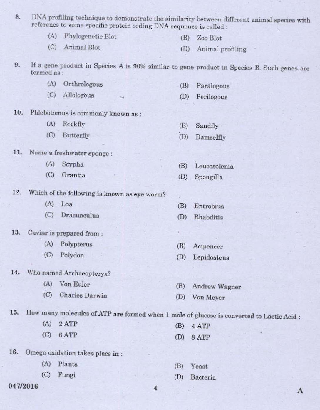 KPSC Research Assistant Zoology Exam Question 0472016 2