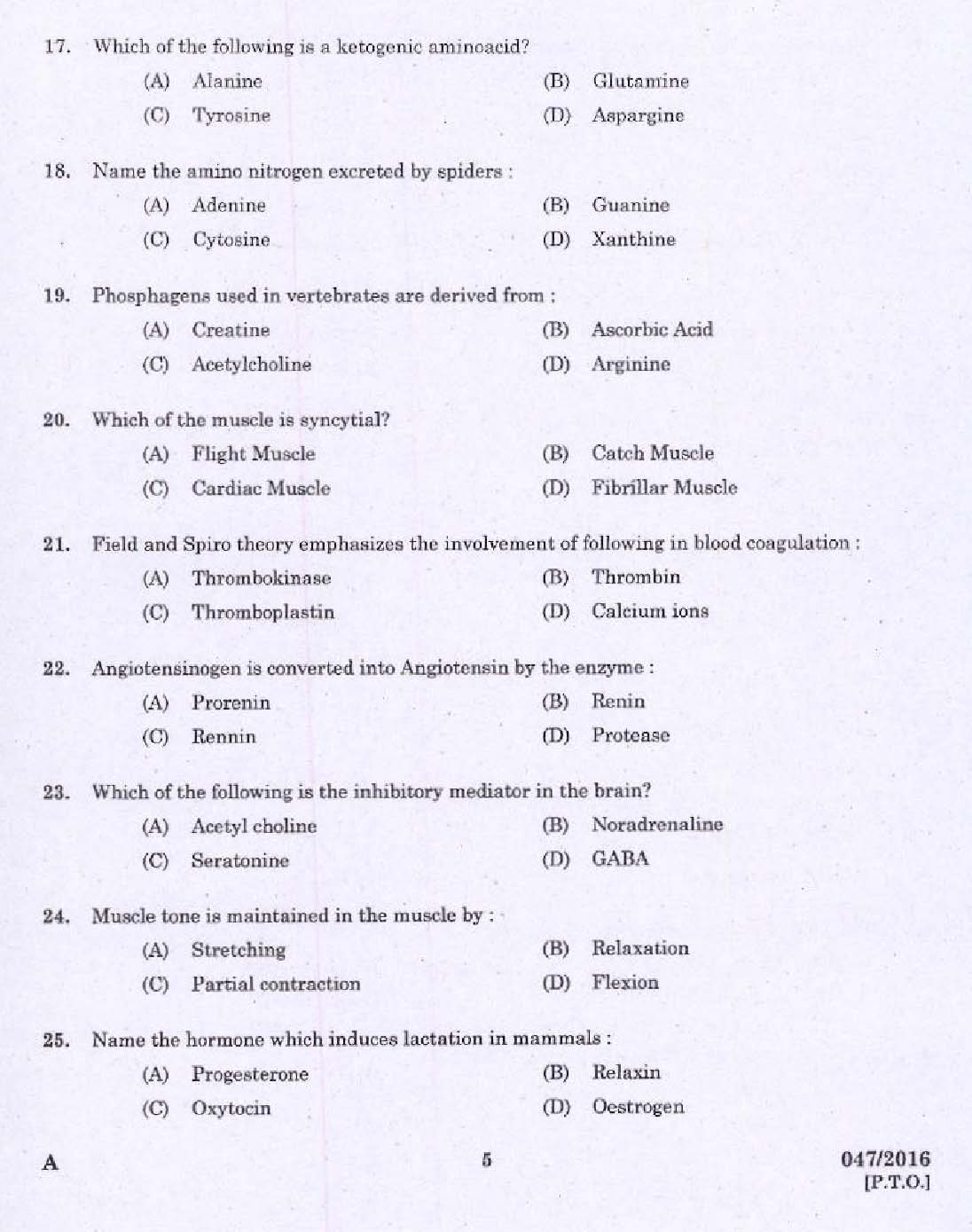 KPSC Research Assistant Zoology Exam Question 0472016 3