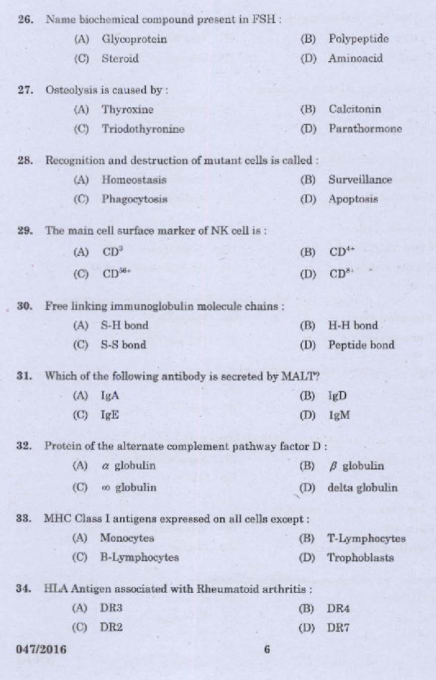 KPSC Research Assistant Zoology Exam Question 0472016 4