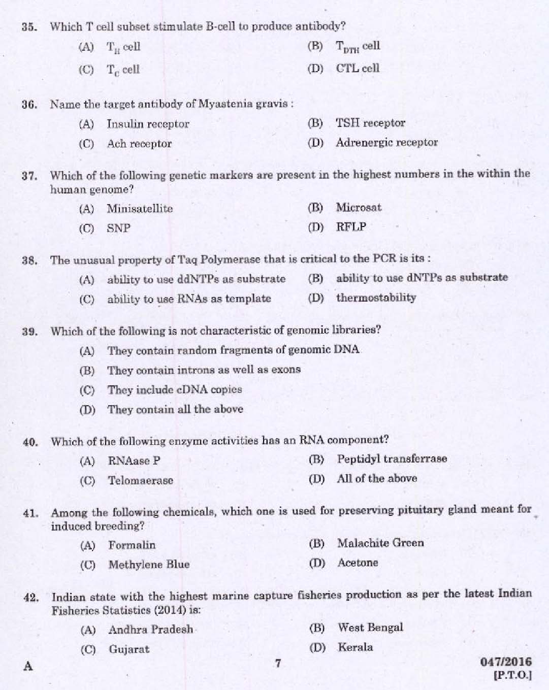 KPSC Research Assistant Zoology Exam Question 0472016 5