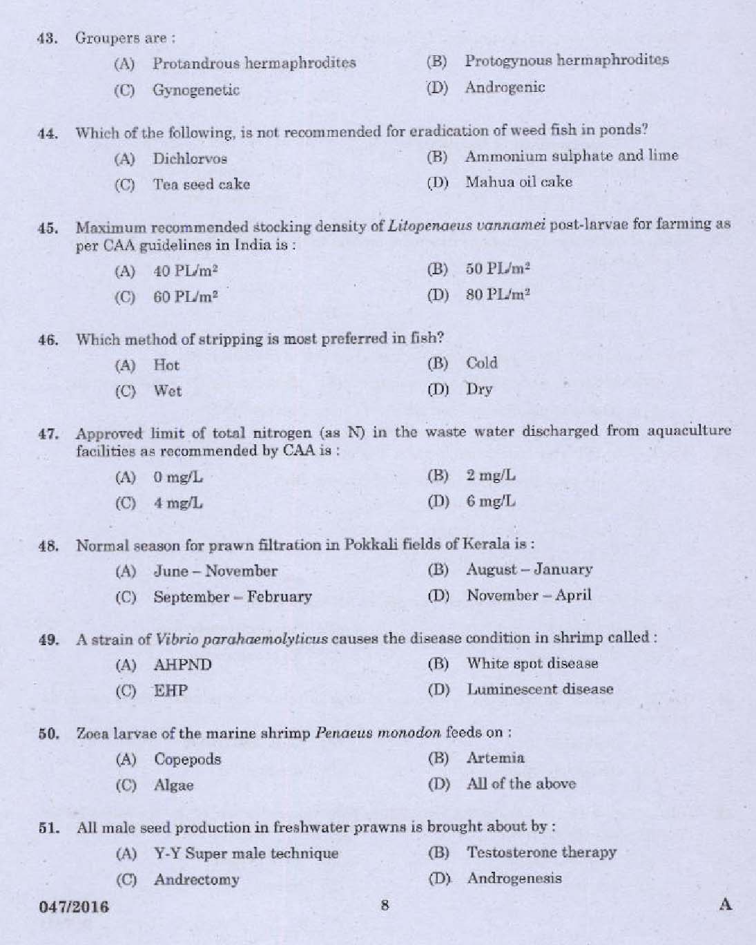 KPSC Research Assistant Zoology Exam Question 0472016 6