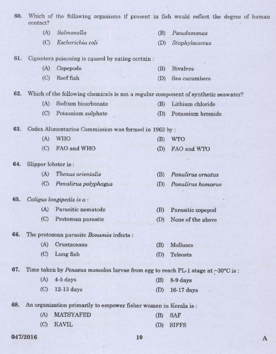KPSC Research Assistant Zoology Exam Question 0472016 8
