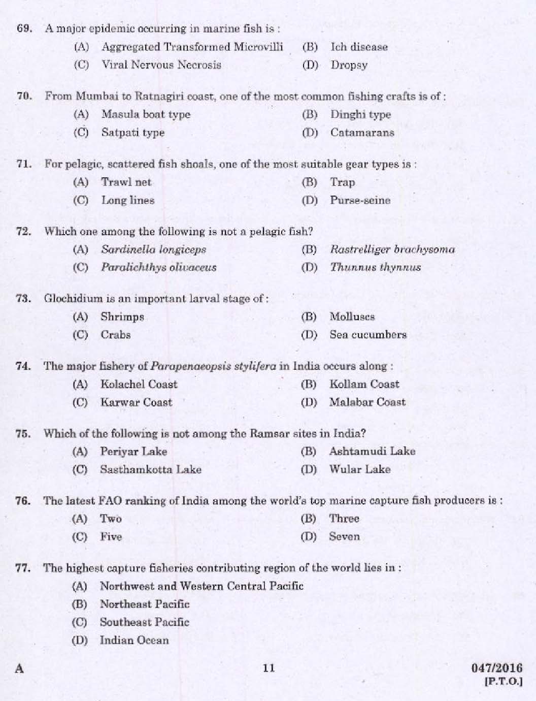 KPSC Research Assistant Zoology Exam Question 0472016 9