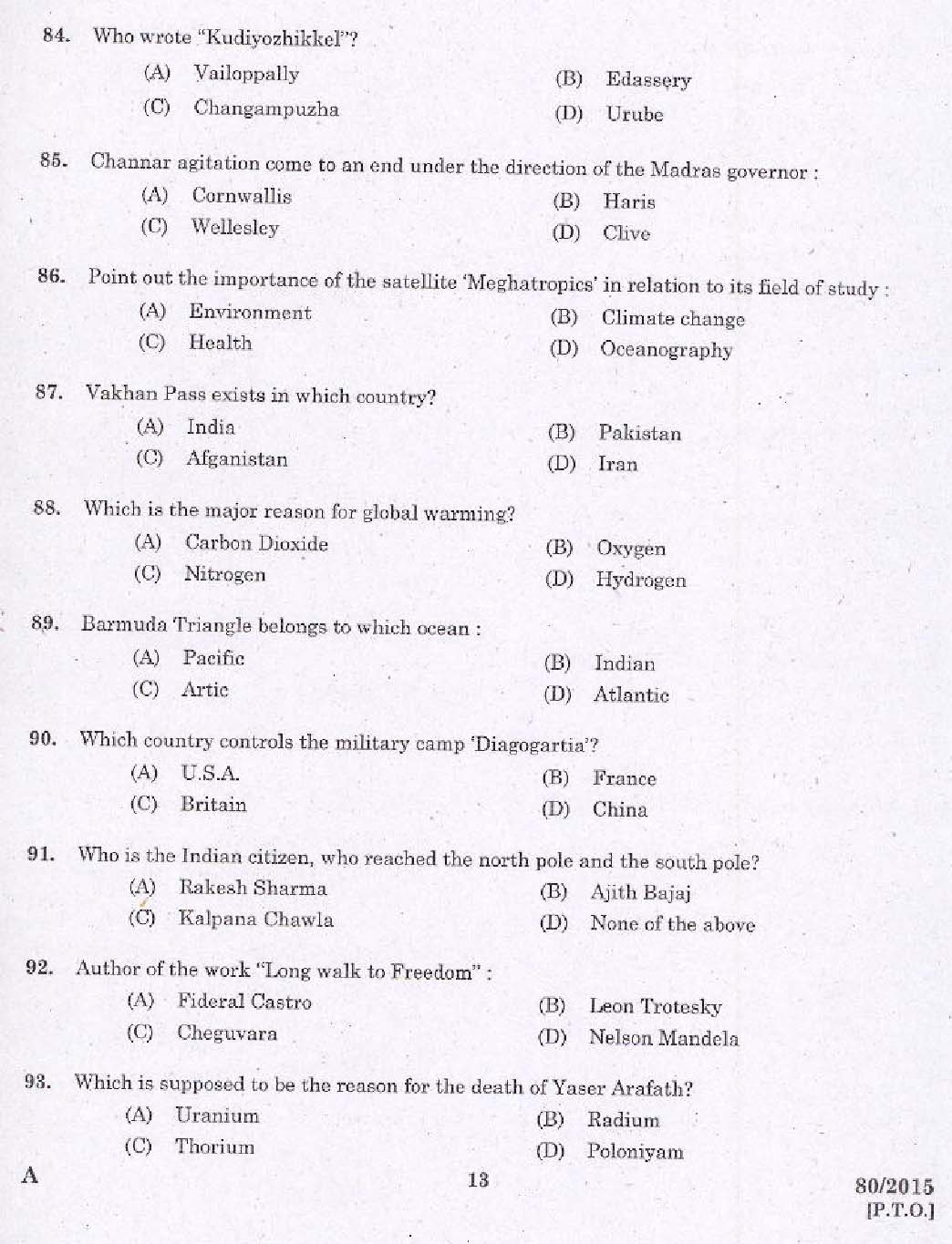 Kerala PSC Station Officer Exam Question Code 802015 11