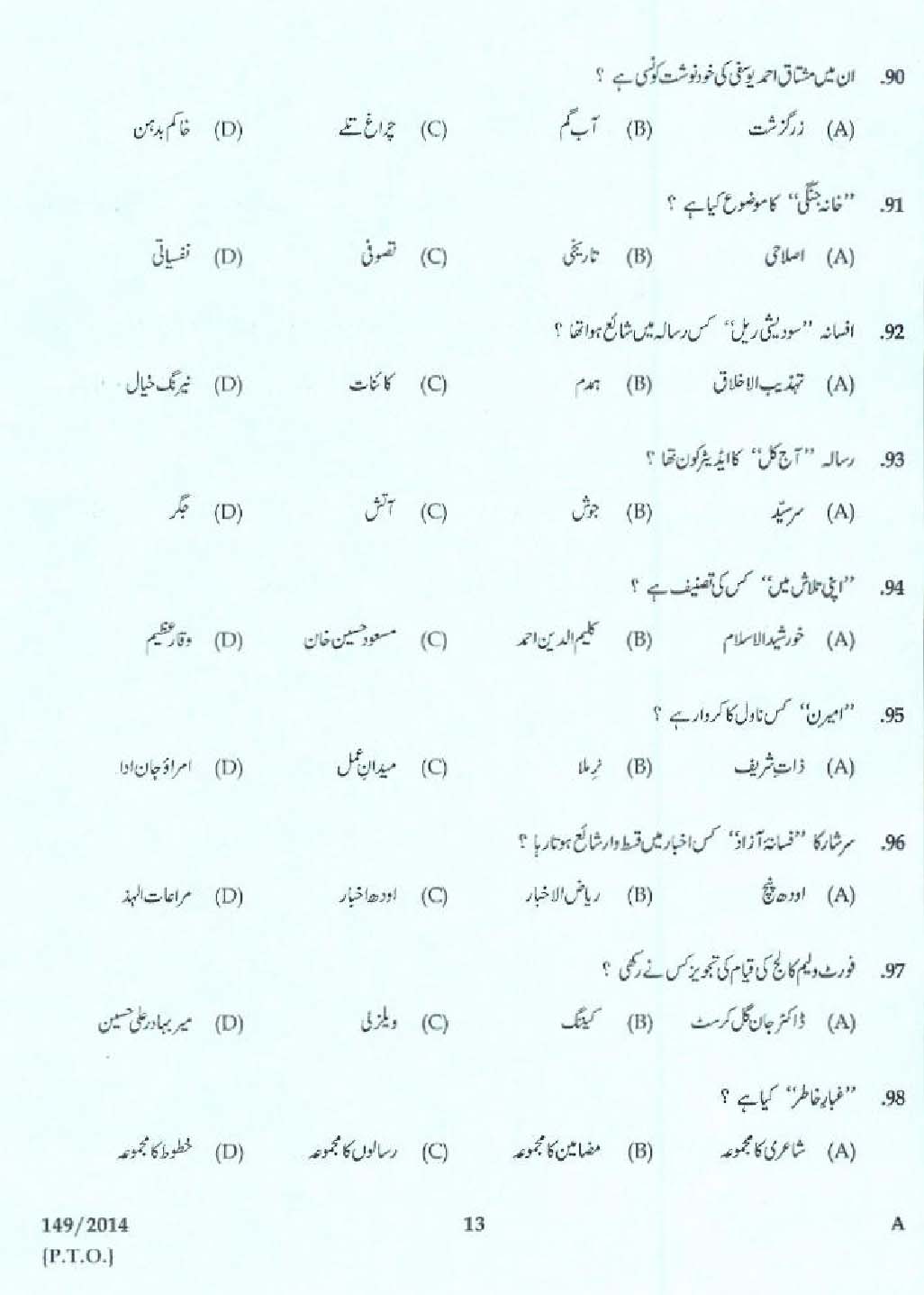 Kerala PSC Junior Language Teacher Urdu Question Code 1492014 11