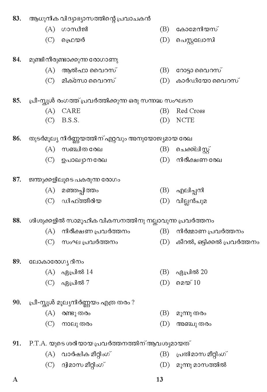 Kerala PSC Nursery Teacher Social Justice Question Code 0572018 M 12