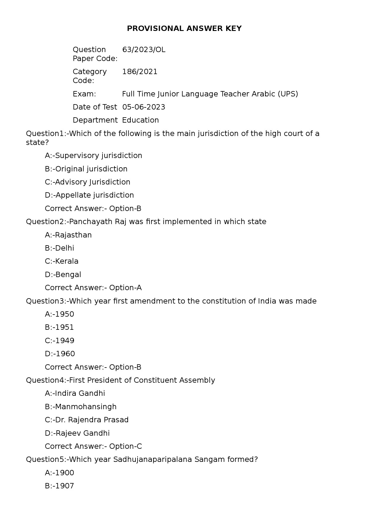 KPSC Full Time Junior Language Teacher Arabic Exam 2023 Code 632023OL 1