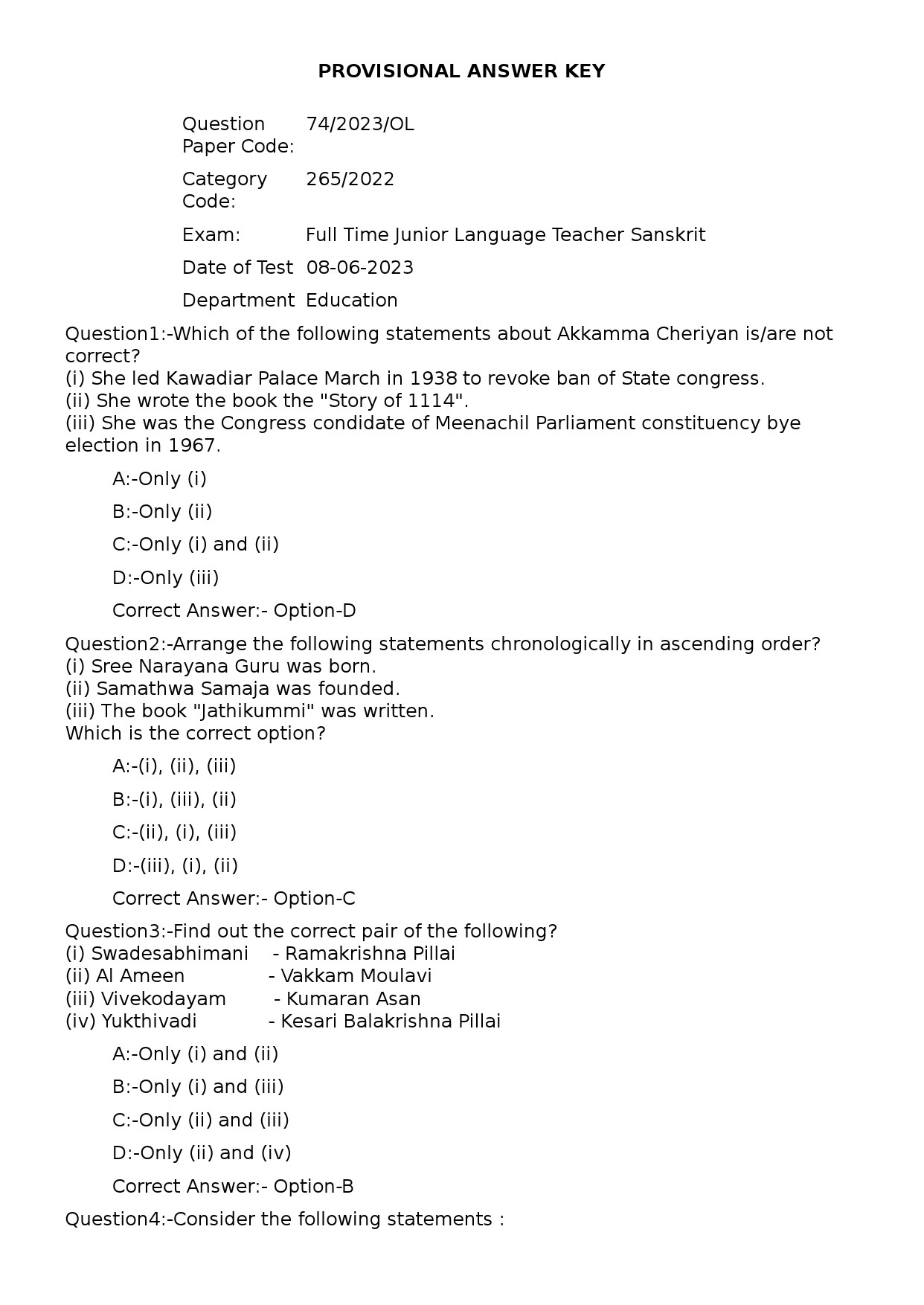 KPSC Full Time Junior Language Teacher Sanskrit Exam 2023 Code 742023OL 1