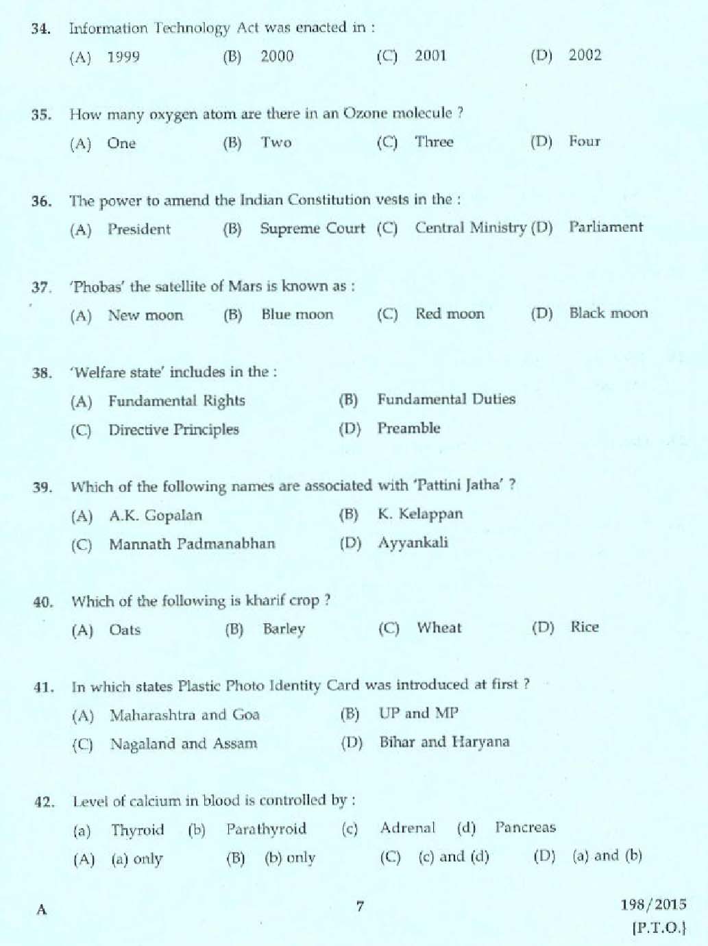 Kerala PSC Telephone Operator Exam Question Code 1982015 5