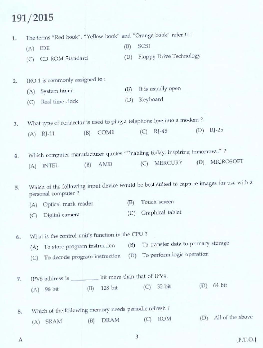 KPSC Tradesman Computer Hardware Maintenance Exam 2015 Code 1912015 1
