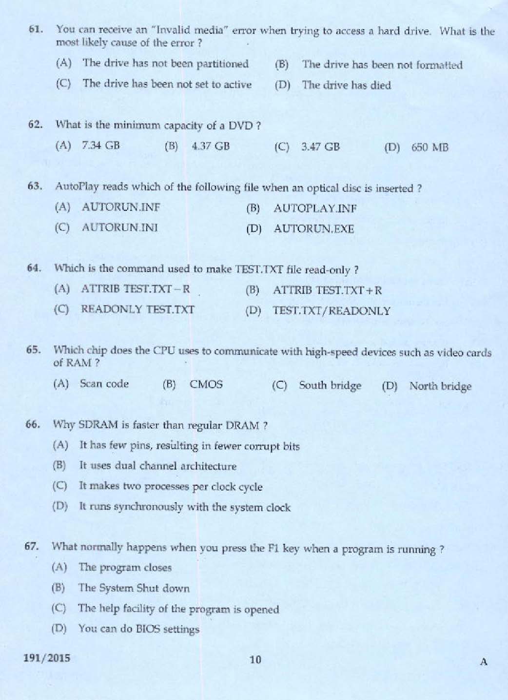 KPSC Tradesman Computer Hardware Maintenance Exam 2015 Code 1912015 6