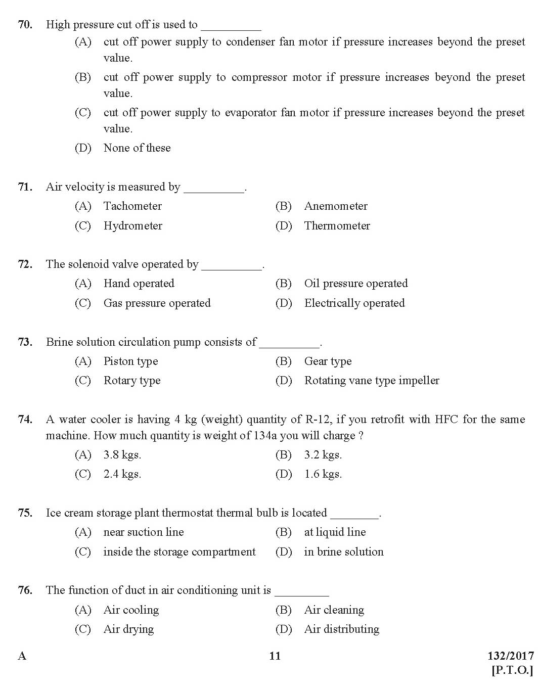 Kerala PSC AC Mechanic Exam Question Code 1322017 10