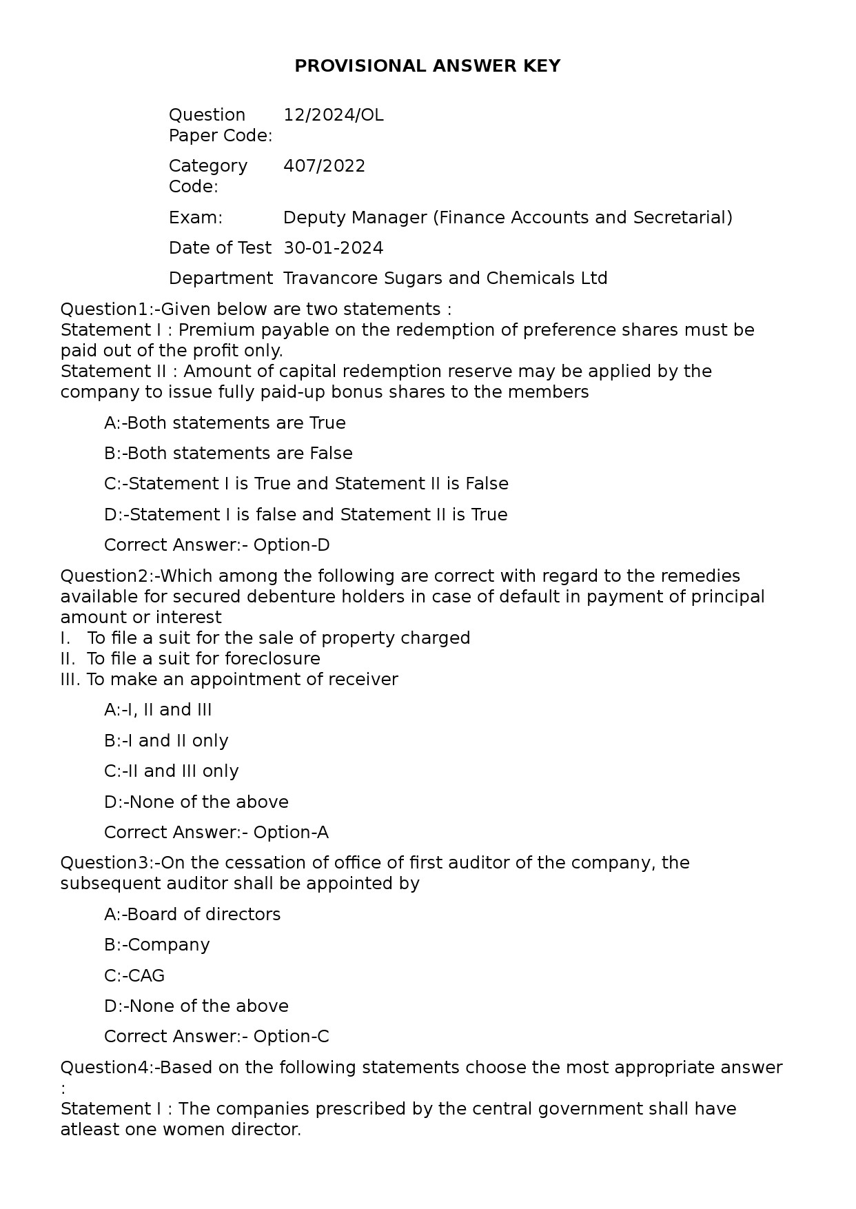 Deputy Manager Finance Accounts and Secretarial Exam 122024OL 1