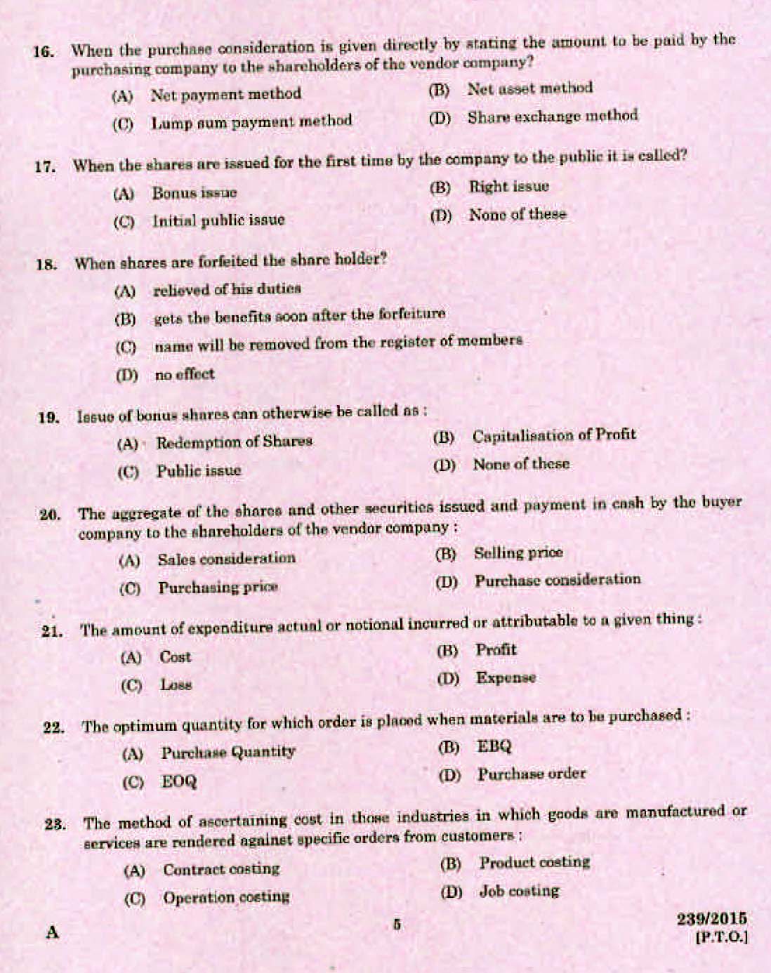 Kerala PSC Accounts Officer OMR Exam 2015 Question Paper Code 2392015 3