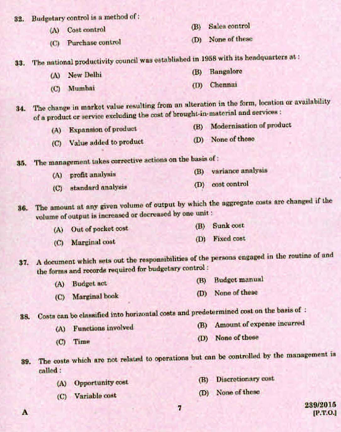 Kerala PSC Accounts Officer OMR Exam 2015 Question Paper Code 2392015 5