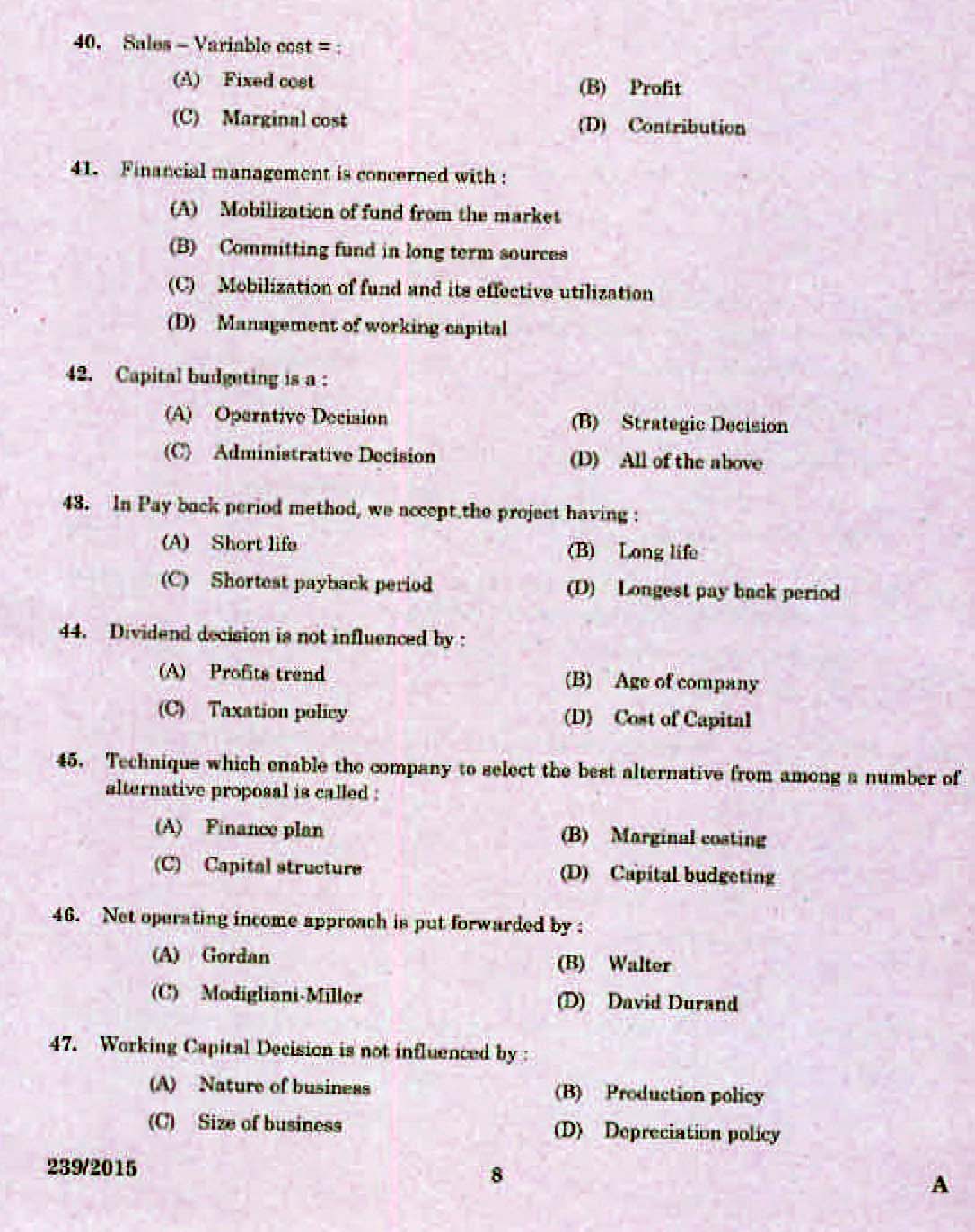 Kerala PSC Accounts Officer OMR Exam 2015 Question Paper Code 2392015 6
