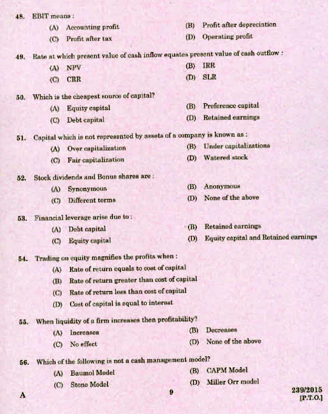 Kerala PSC Accounts Officer OMR Exam 2015 Question Paper Code 2392015 7