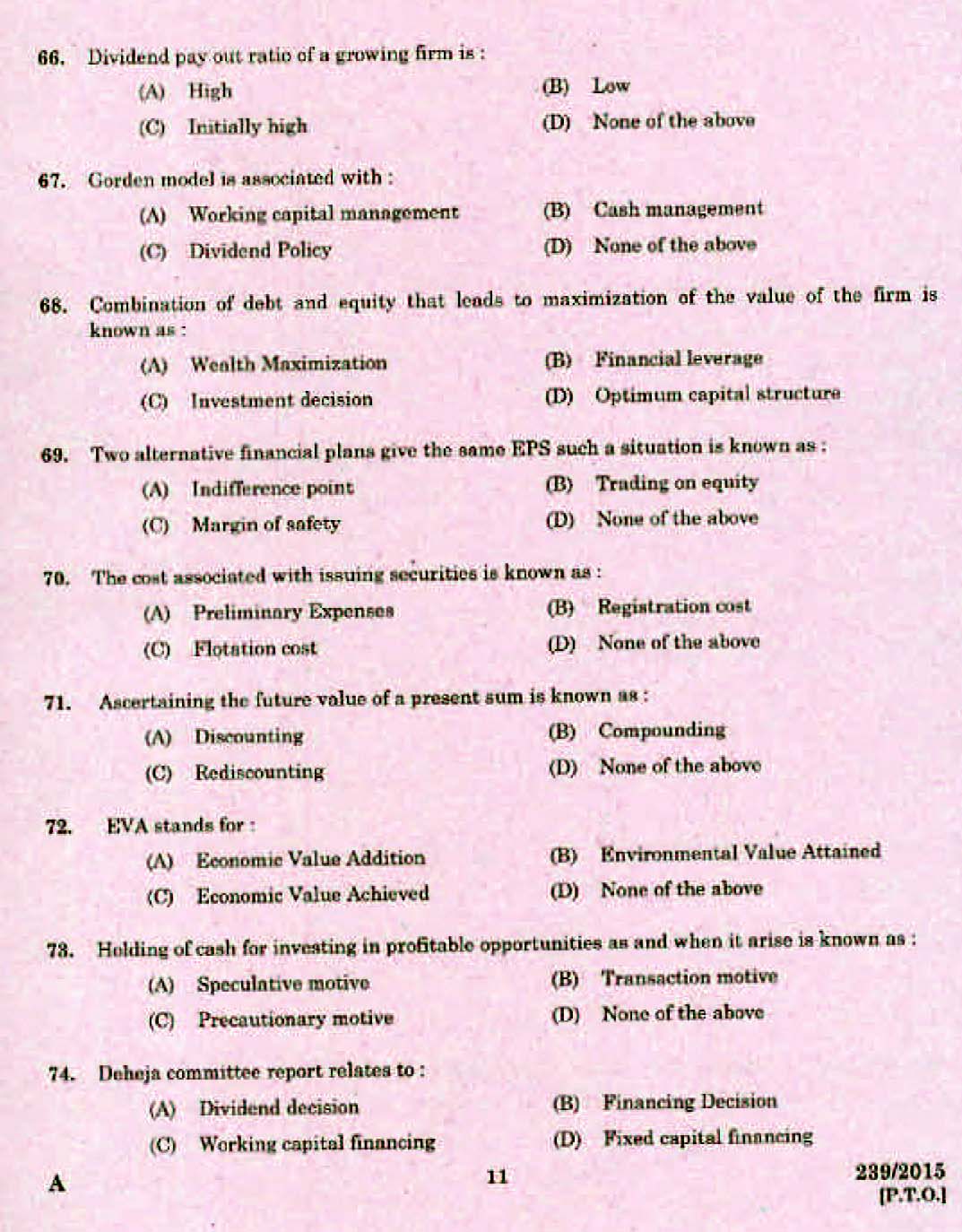 Kerala PSC Accounts Officer OMR Exam 2015 Question Paper Code 2392015 9