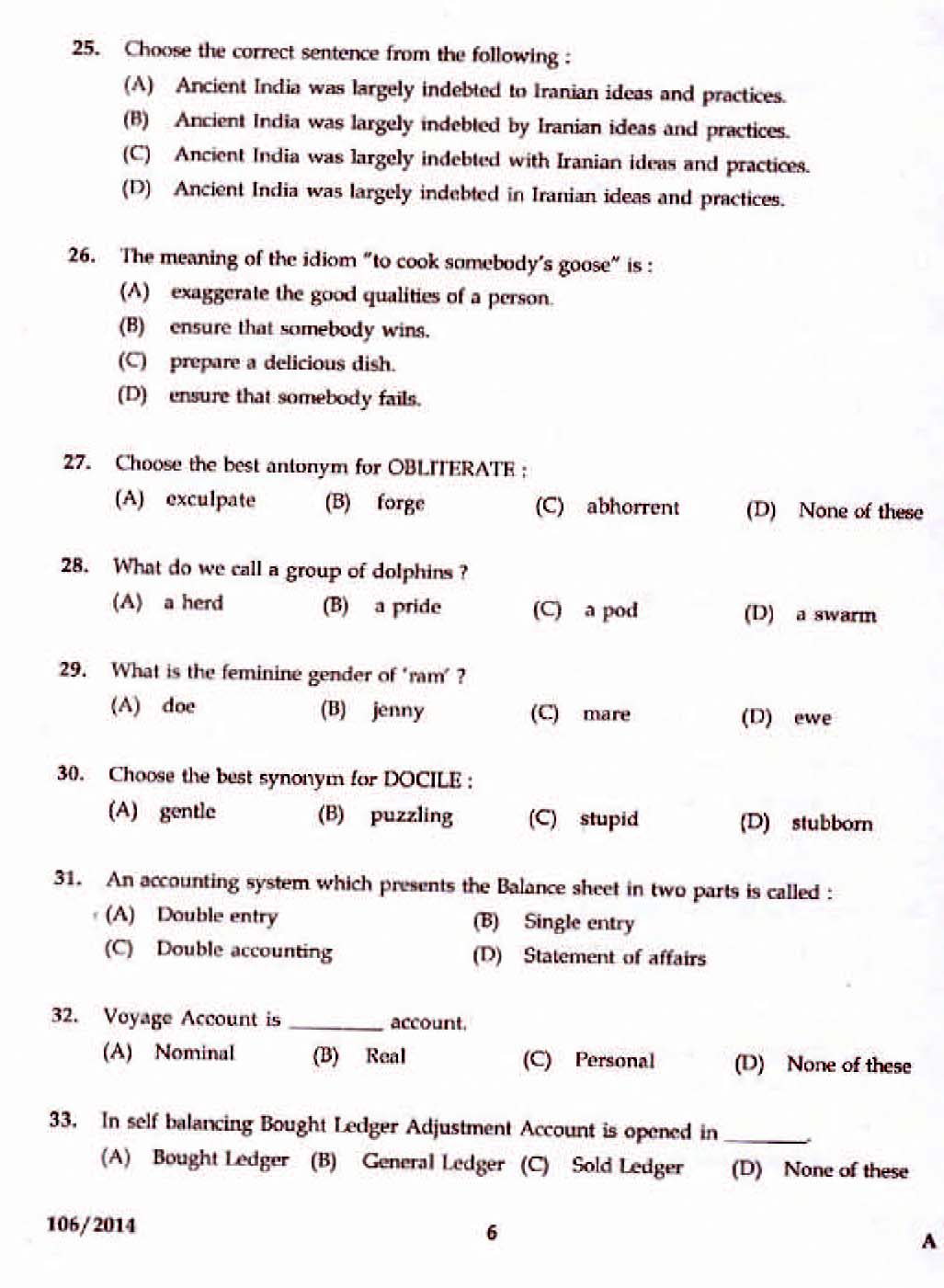 Kerala PSC Divisional Accountant OMR Exam 2014 Question Paper Code 1062014 4