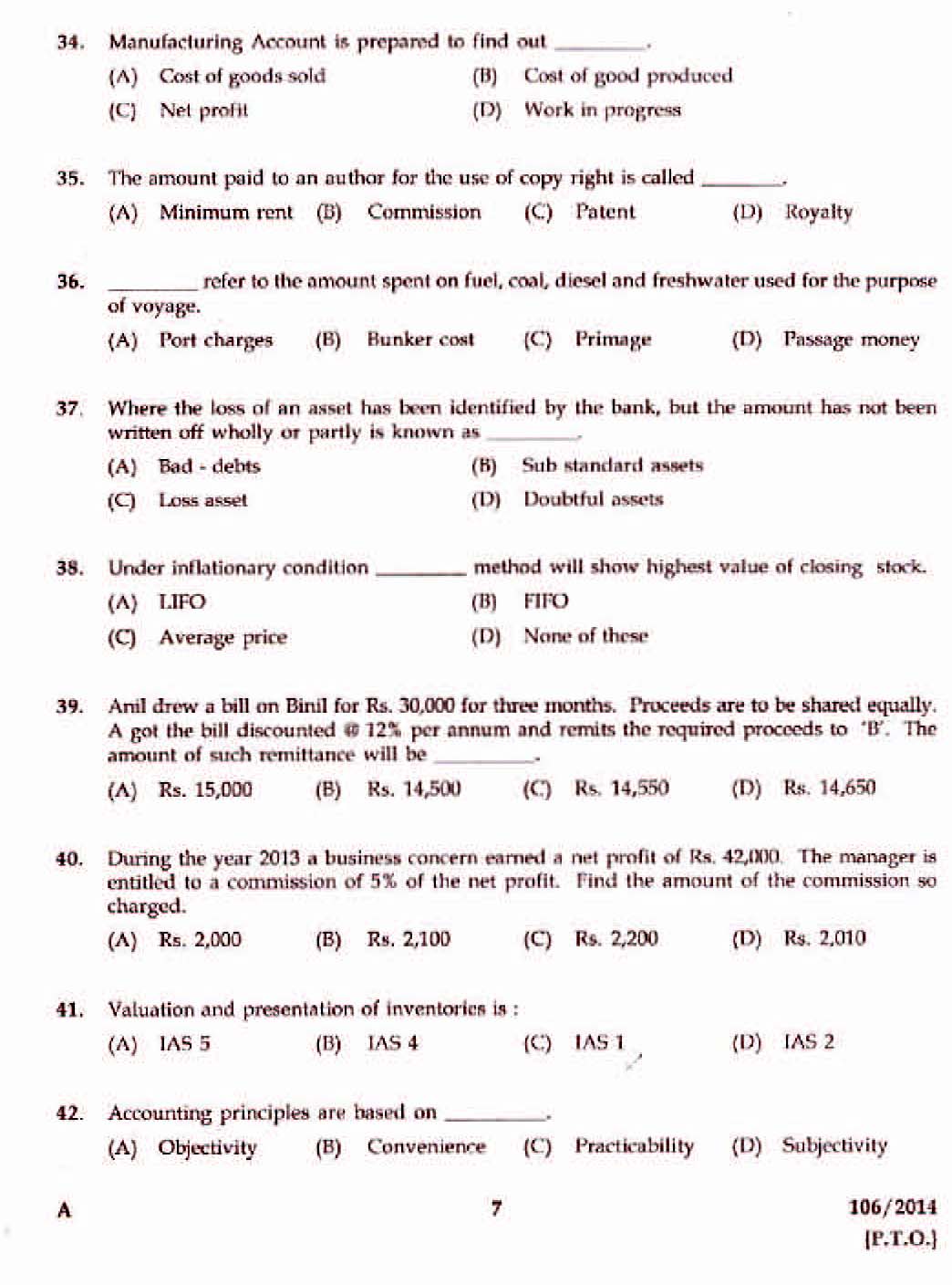 Kerala PSC Divisional Accountant OMR Exam 2014 Question Paper Code 1062014 5