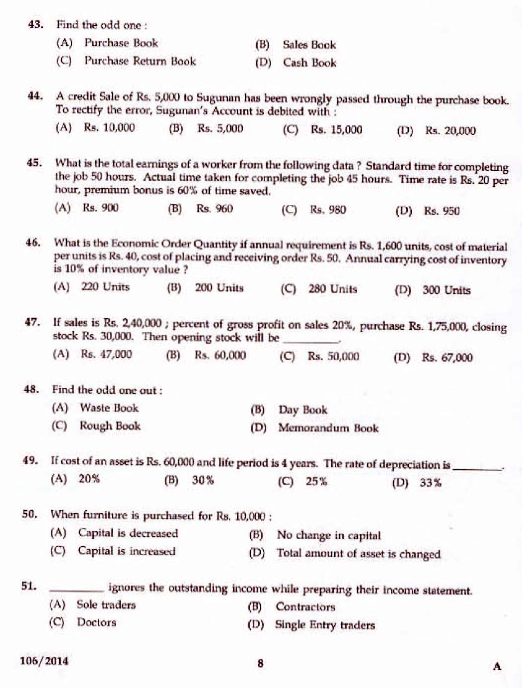Kerala PSC Divisional Accountant OMR Exam 2014 Question Paper Code 1062014 6