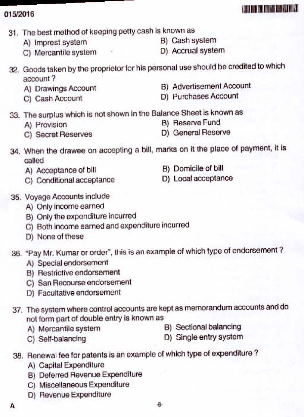 Kerala PSC Divisional Accountant OMR Exam 2016 Question Paper Code 0152016 4