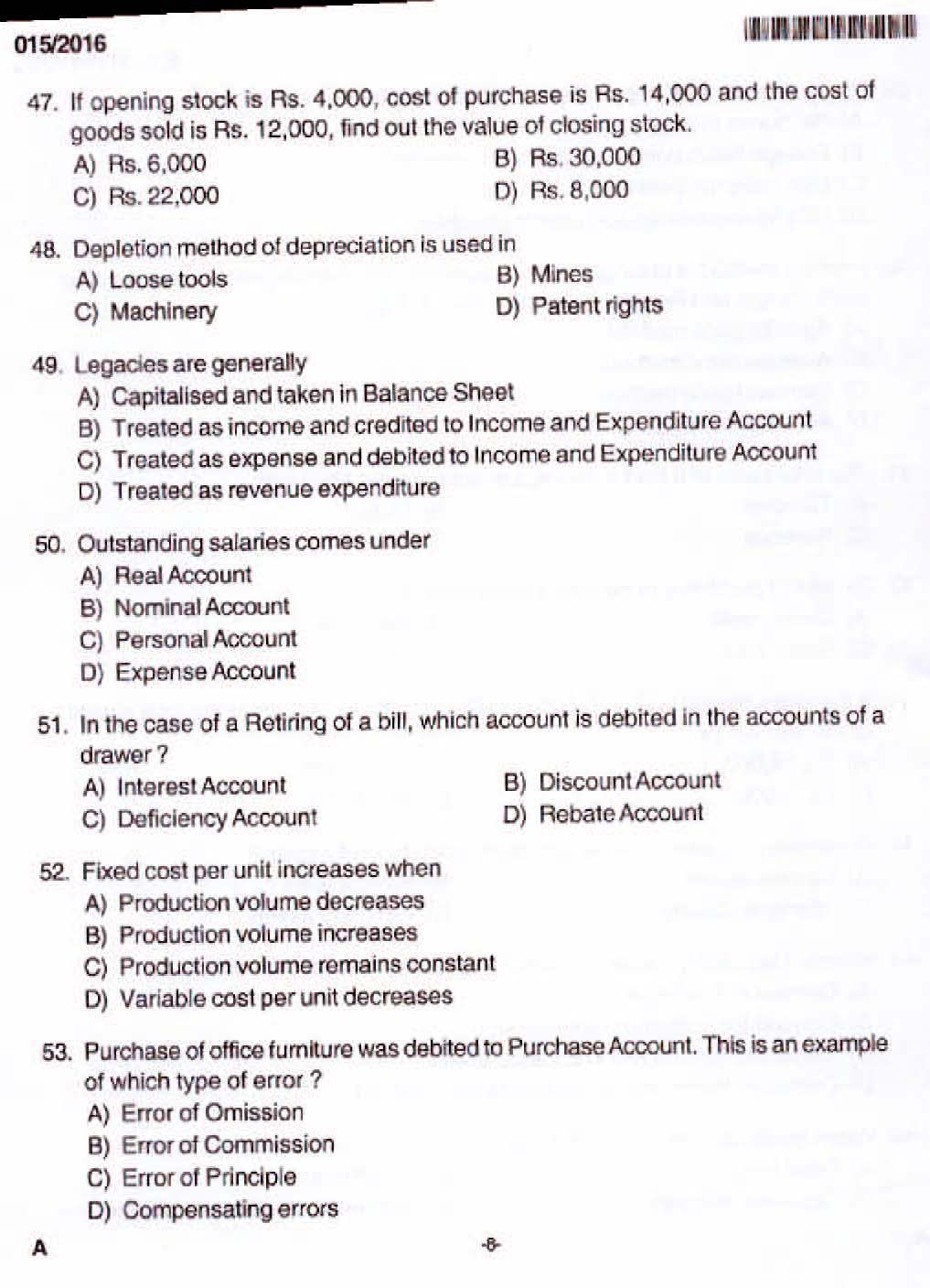 Kerala PSC Divisional Accountant OMR Exam 2016 Question Paper Code 0152016 6