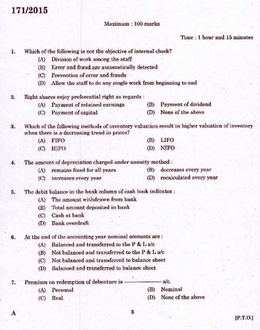 Kerala PSC Lower Division Accountant OMR Exam 2015 Question Paper Code 1712015 1