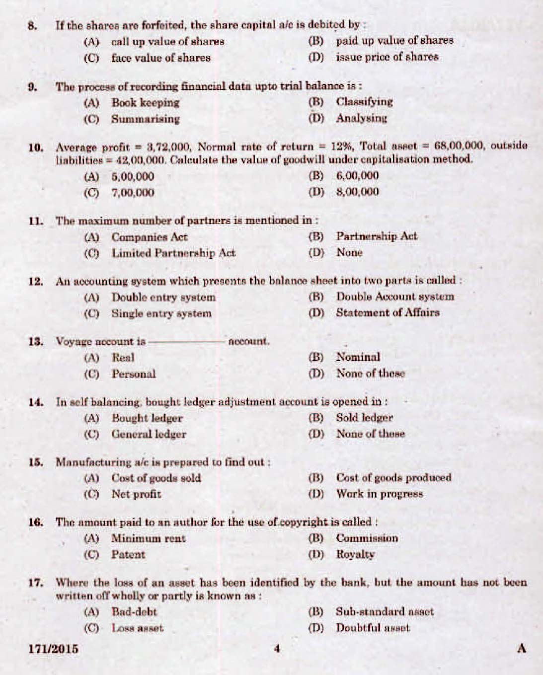 Kerala PSC Lower Division Accountant OMR Exam 2015 Question Paper Code 1712015 2