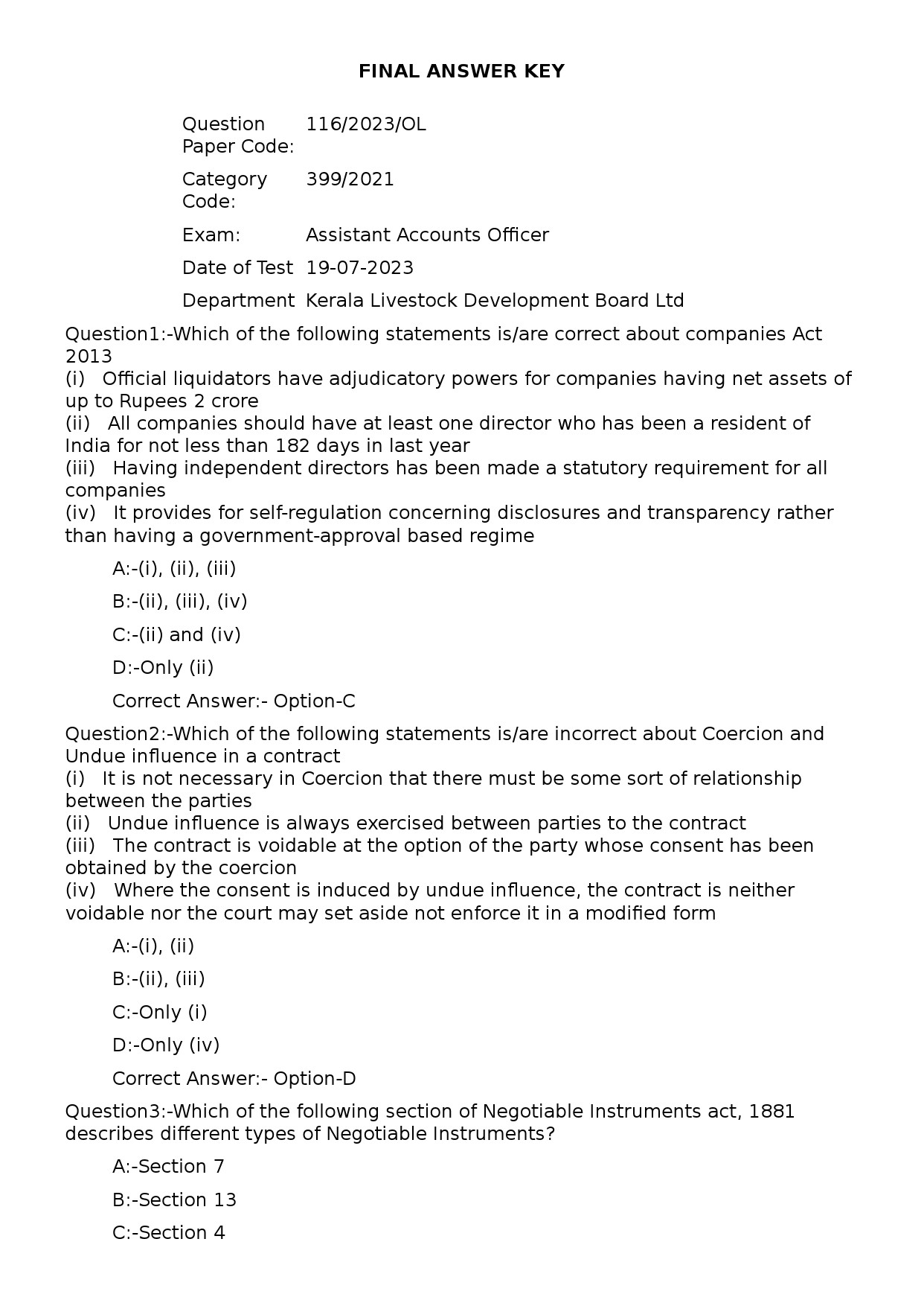 KPSC Assistant Accounts Officer Exam 2023 Code 1162023OL 1