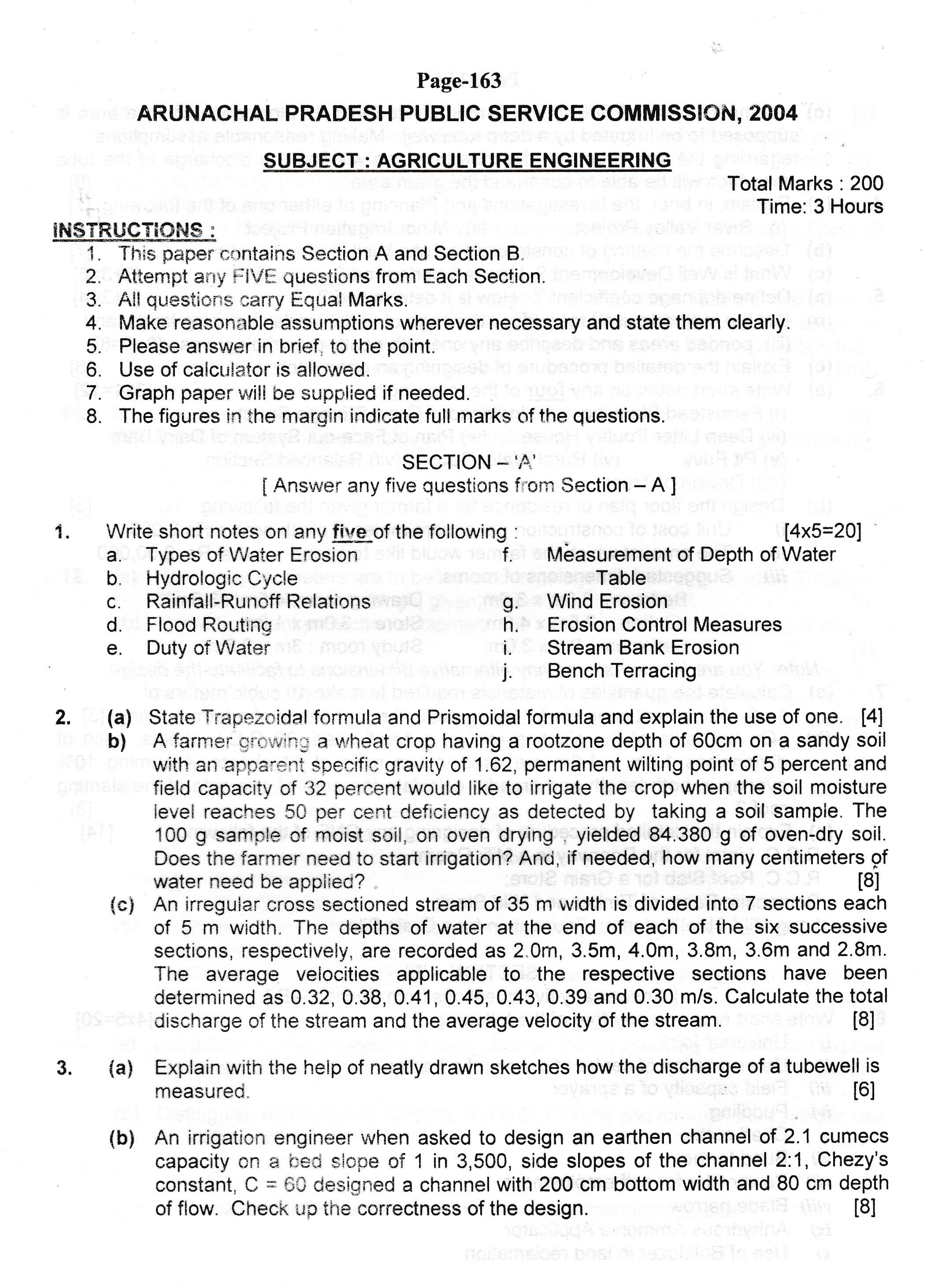 APPSC AE Civil Exam 2004 Agriculture Engineering 1