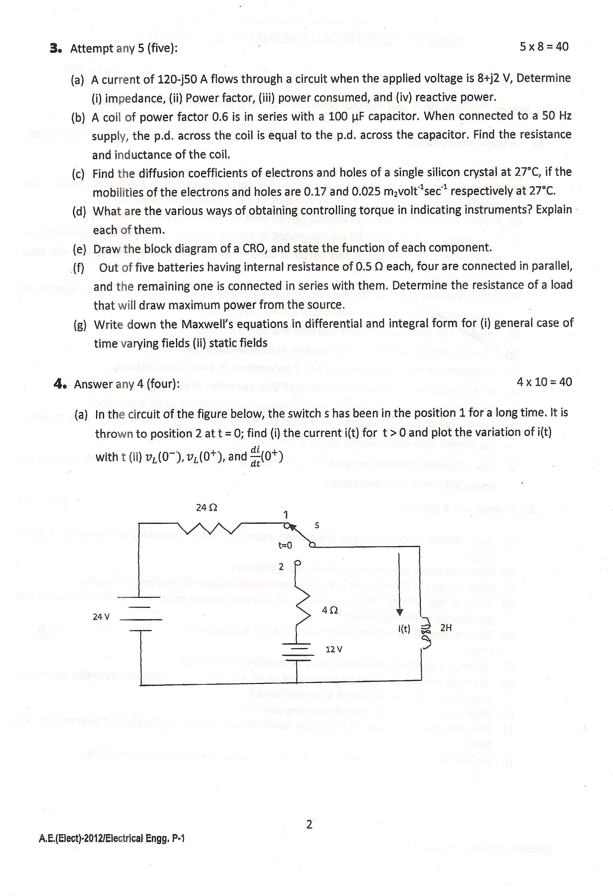 APPSC AE Electrical Exam 2012 Electrical Engineering Paper I 2