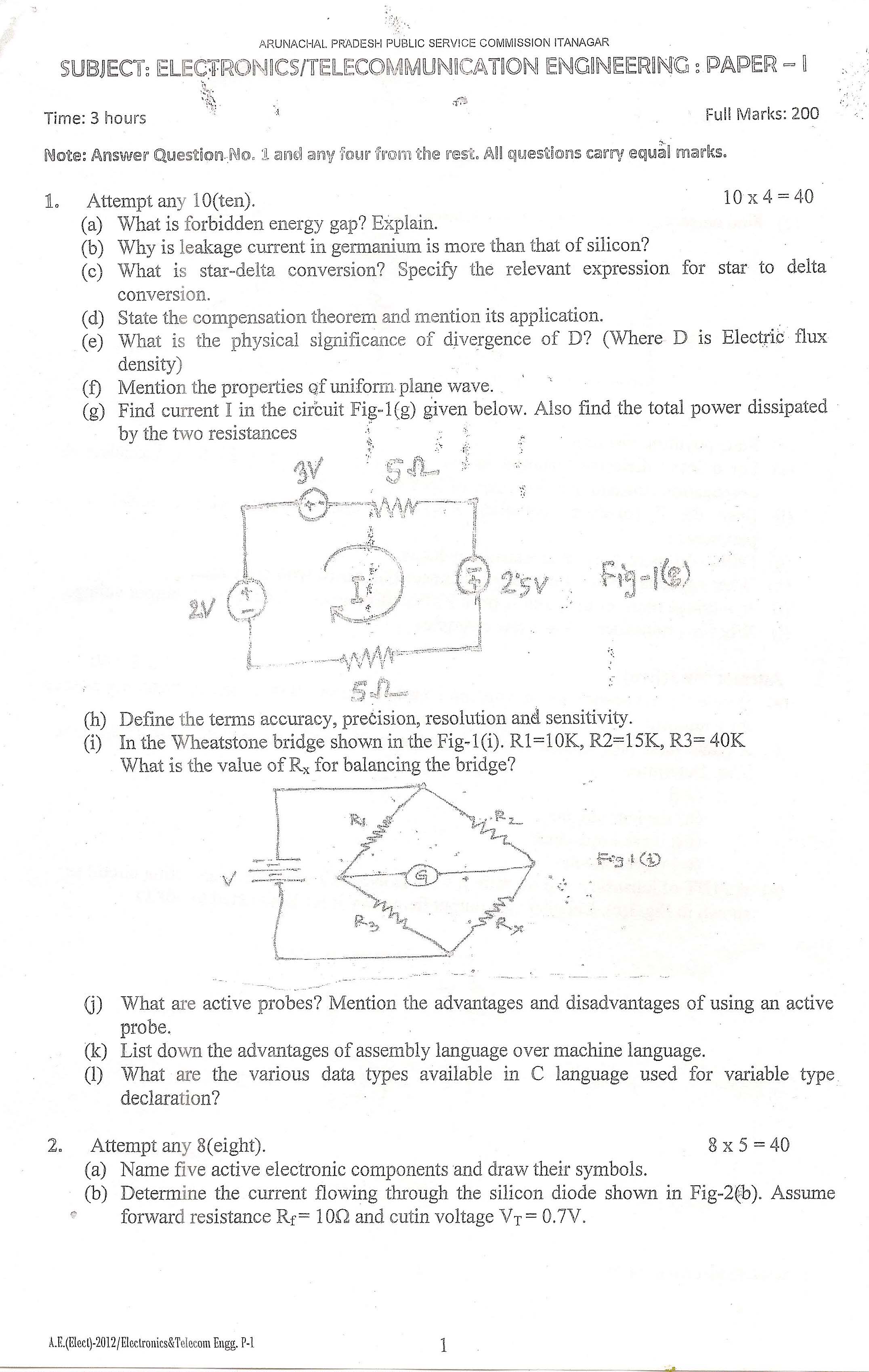 APPSC AE Electrical Exam 2012 Electronics and Telecommunication Paper I 1