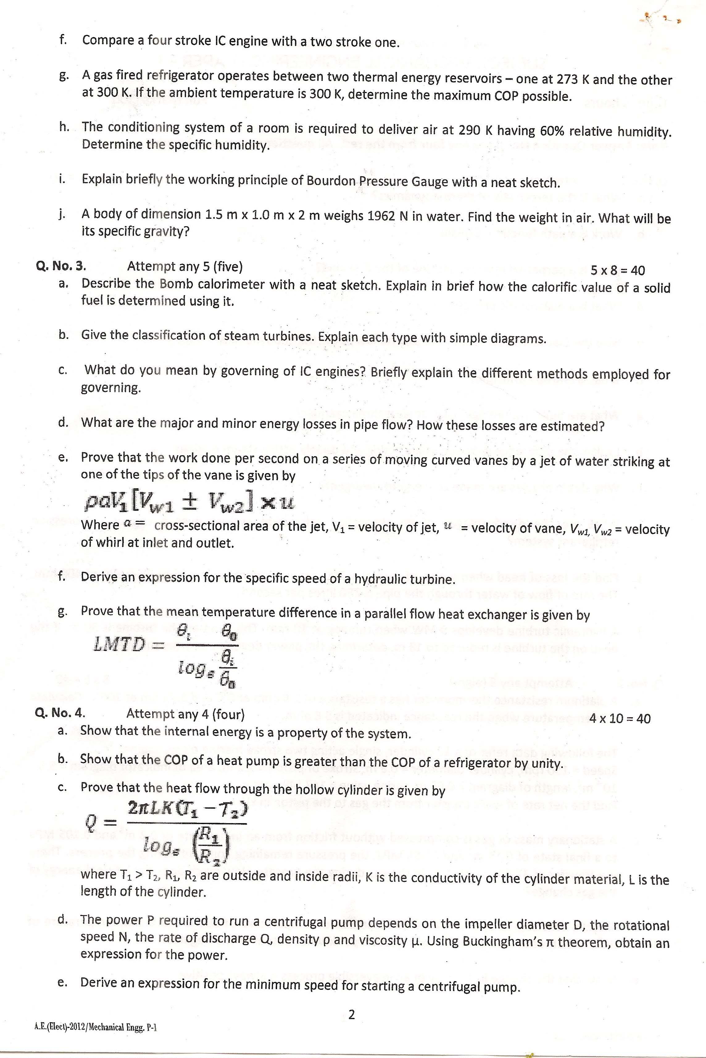 APPSC AE Electrical Exam 2012 Mechanical Engineering Paper I 2