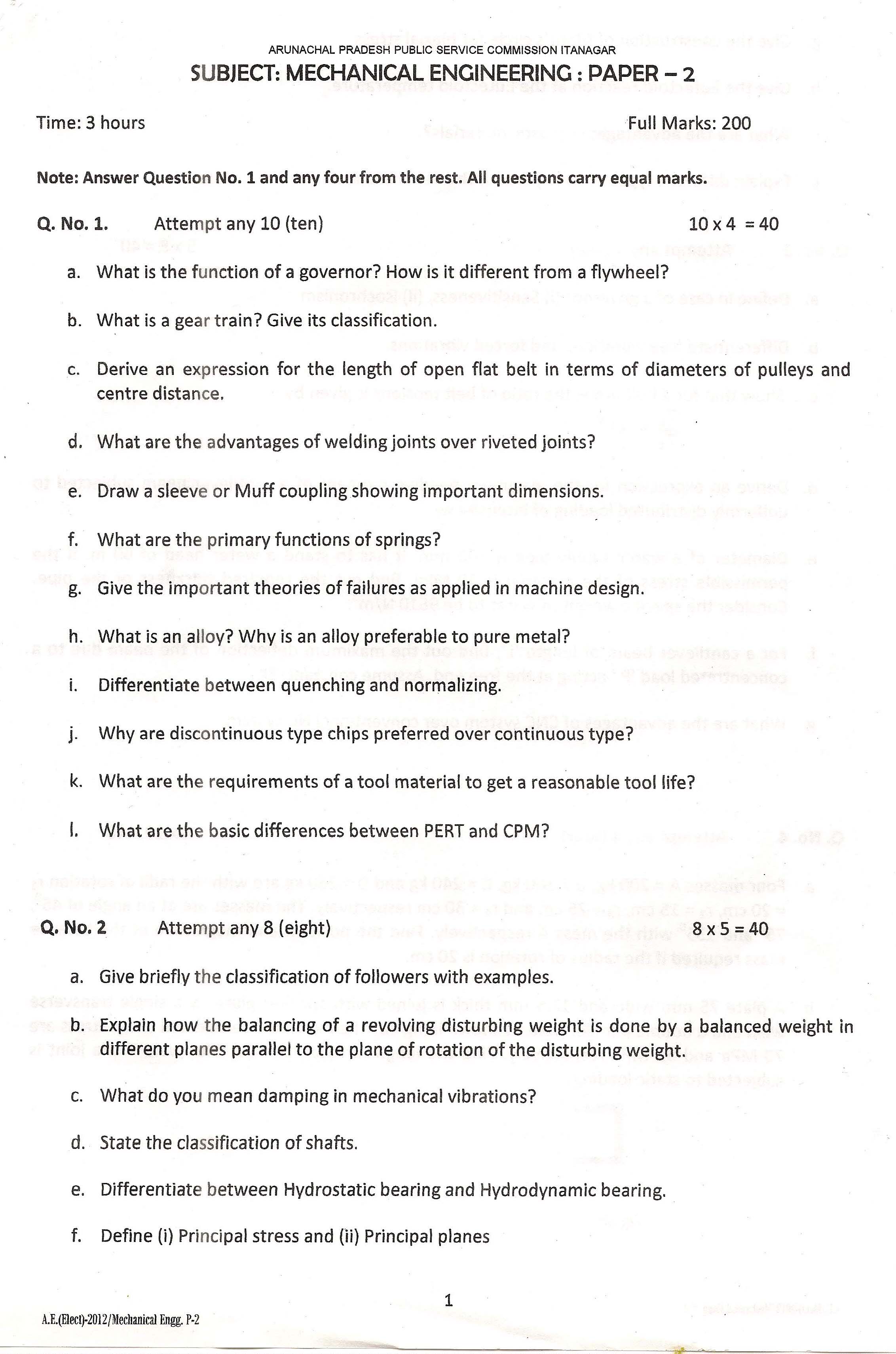 APPSC AE Electrical Exam 2012 Mechanical Engineering Paper II 1