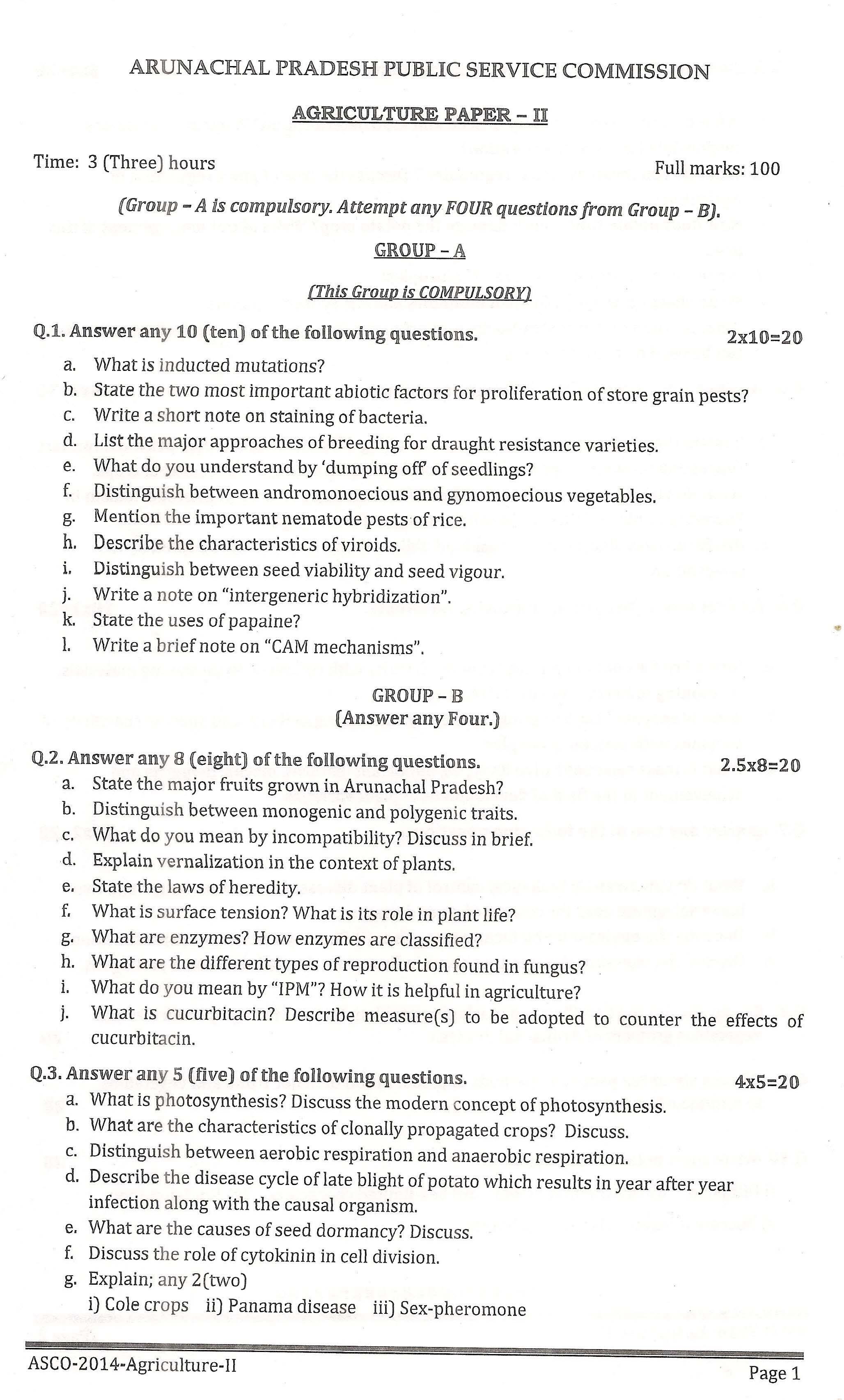 APPSC ASCO Agriculture Paper II Exam Question Paper 2014 1