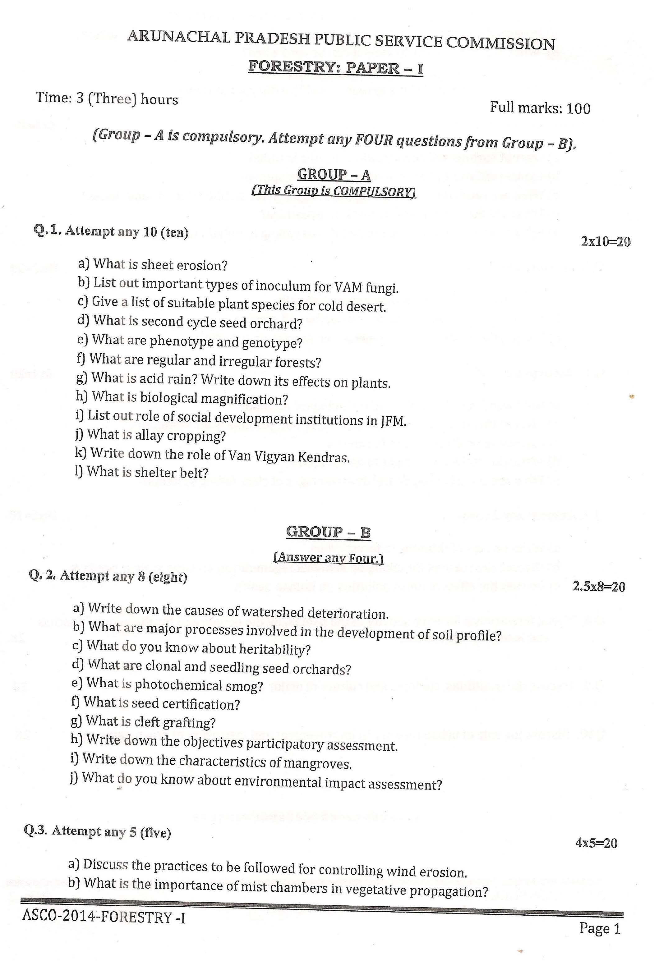 APPSC ASCO Forestry Paper I Exam Question Paper 2014 1