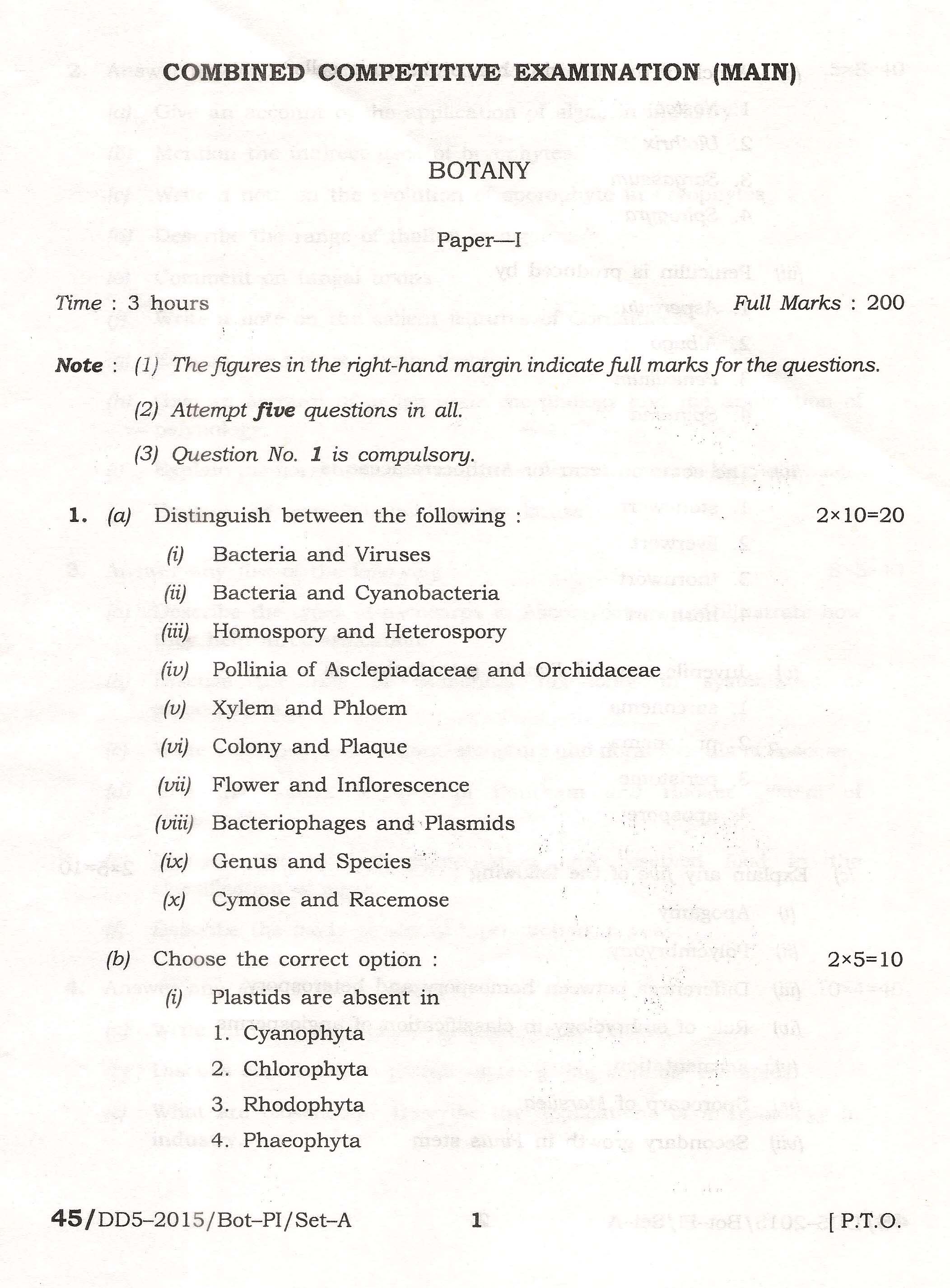 APPSC Combined Competitive Main Exam 2015 Botany Paper I 1