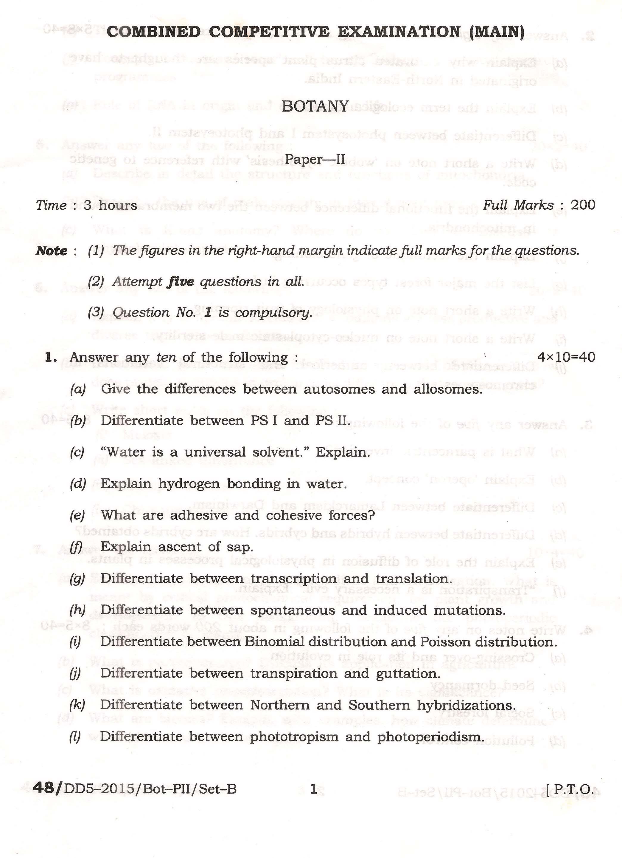 APPSC Combined Competitive Main Exam 2015 Botany Paper II 1