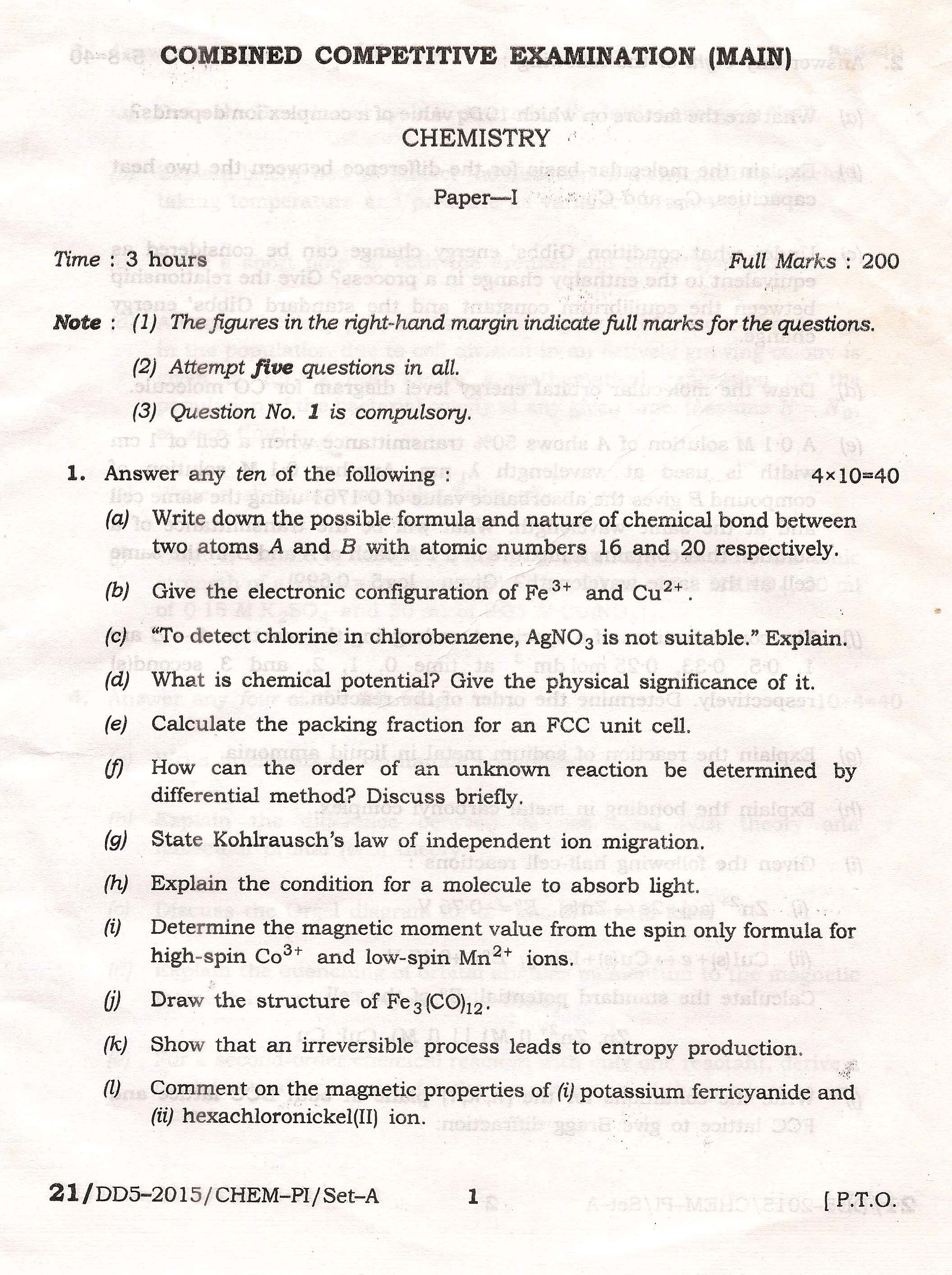 APPSC Combined Competitive Main Exam 2015 Chemistry Paper I 1