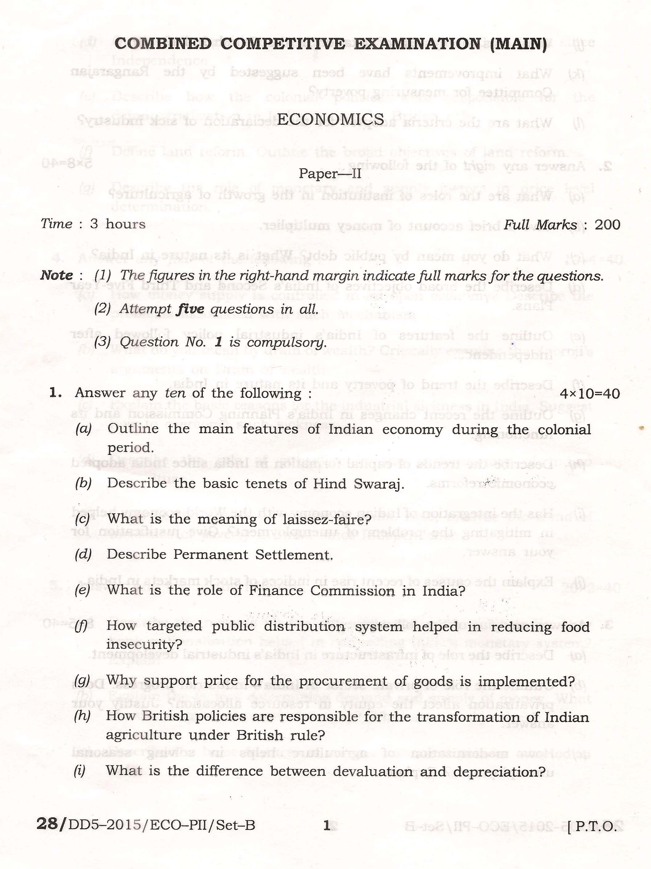 APPSC Combined Competitive Main Exam 2015 Economics Paper II 1