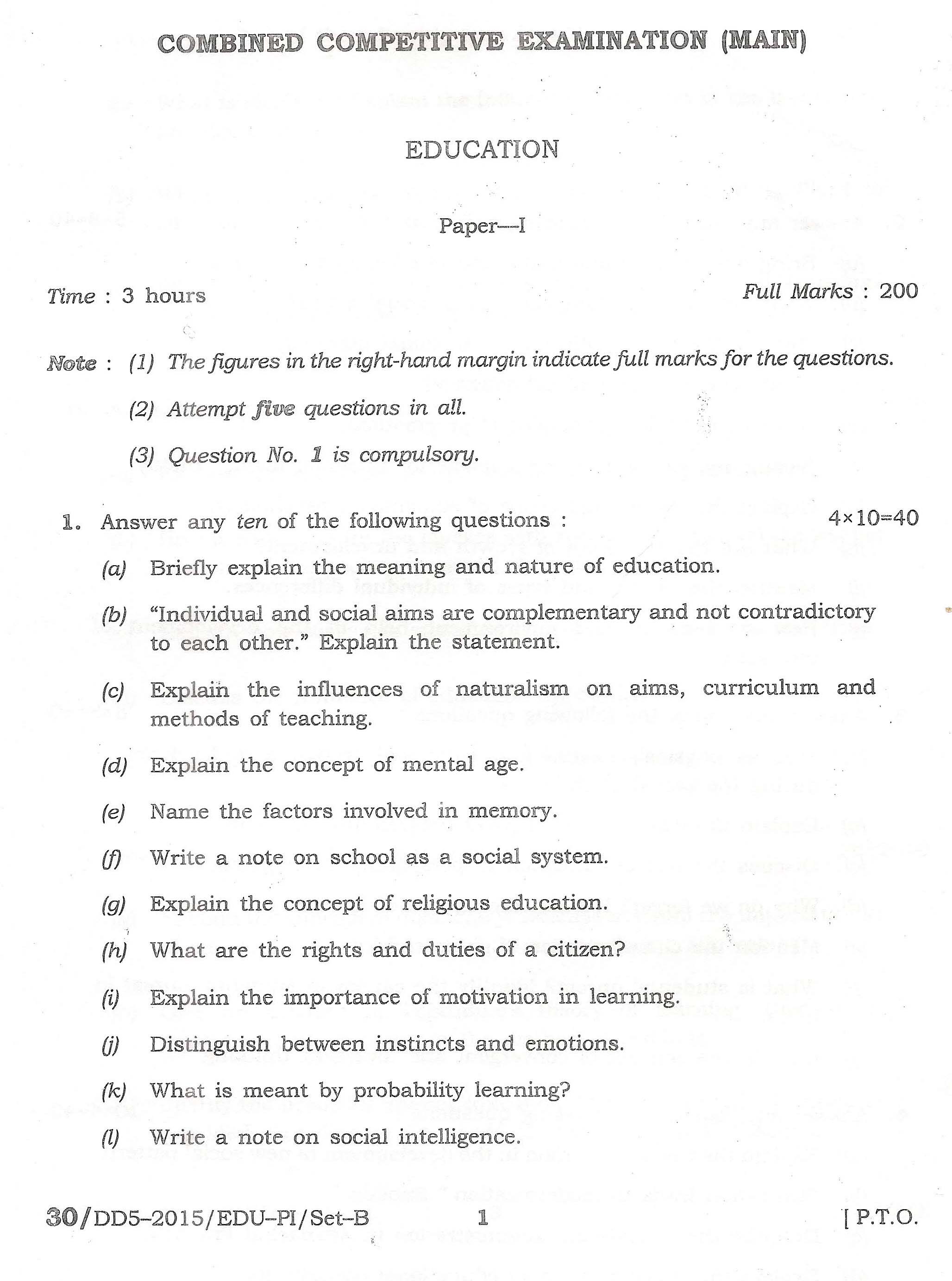 APPSC Combined Competitive Main Exam 2015 Education Paper I 1