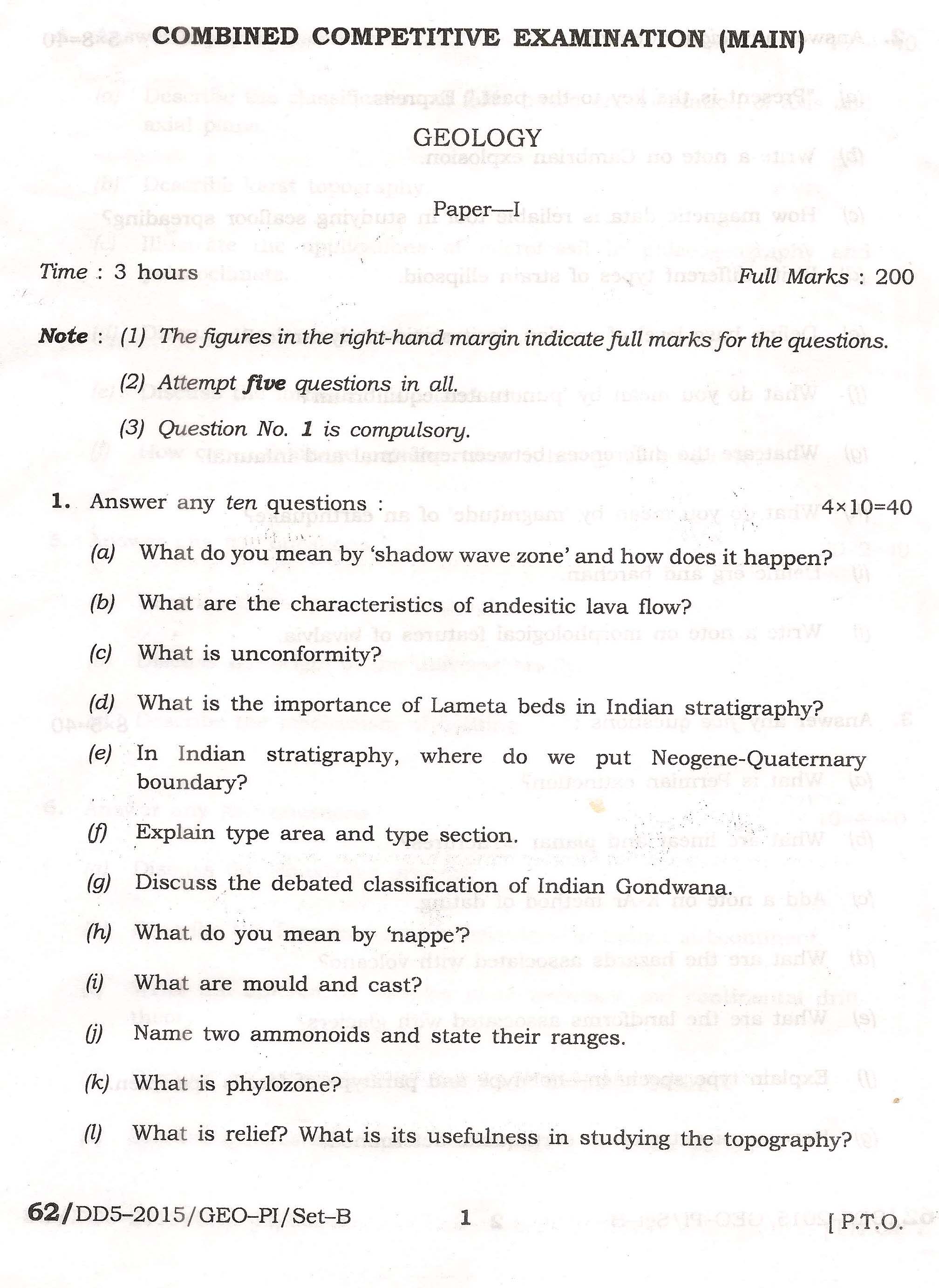 APPSC Combined Competitive Main Exam 2015 Geology Paper I 1