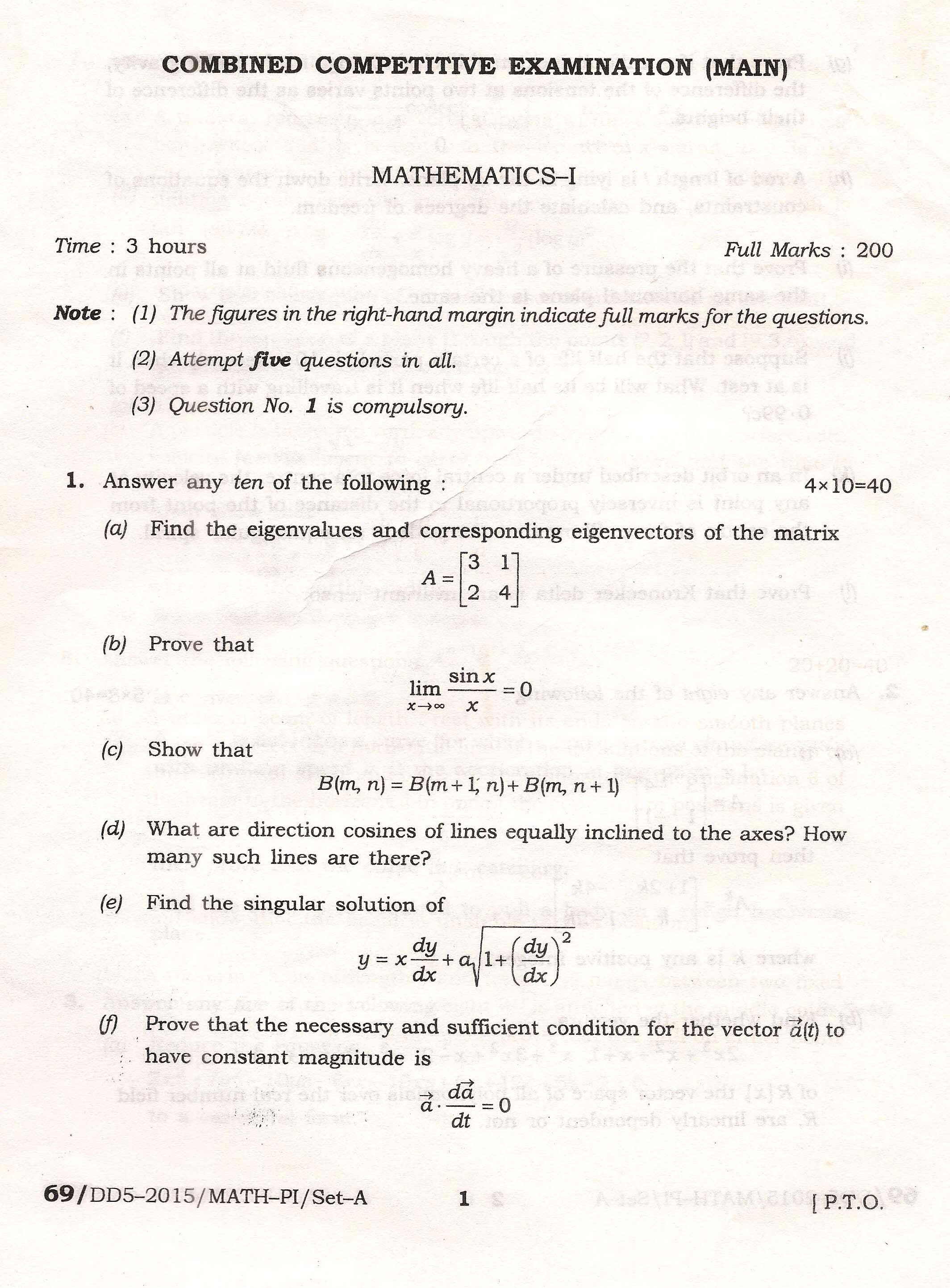 APPSC Combined Competitive Main Exam 2015 Mathematics Paper I 1