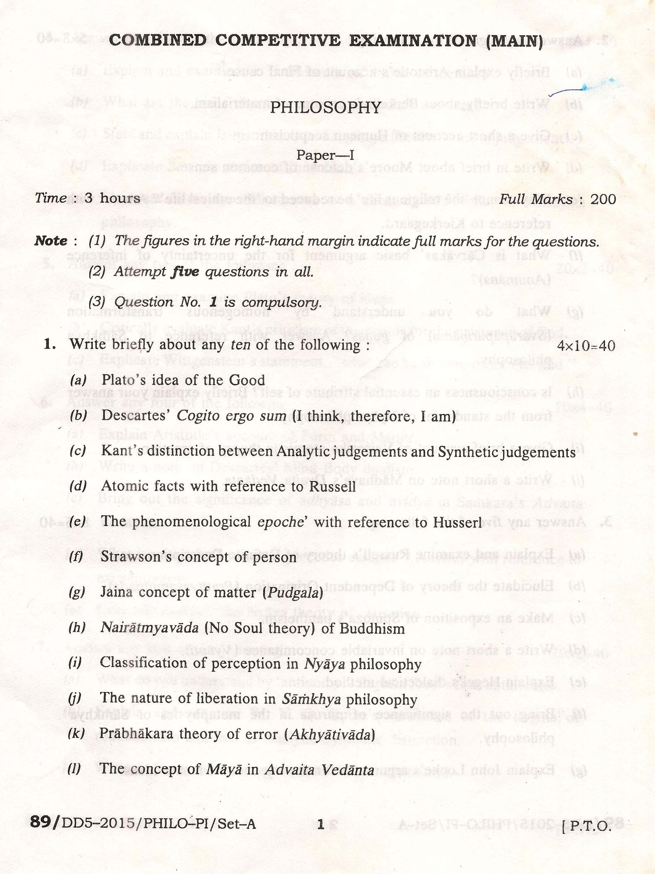 APPSC Combined Competitive Main Exam 2015 Philosophy Paper I 1